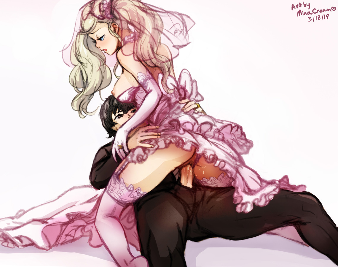 1boy, 1girls, ann takamaki, areolae, artist name, atlus, black hair, blonde hair, blue eyes, breasts, clothed sex, clothing, dated, dress, duo, exposed breasts, female, hair, joker (persona), long hair, male, megami tensei, minacream, nipples, pants, penetration, penis, persona, persona 5, pussy, ren amamiya, riding, sex, straight, tagme, vaginal penetration, video games, wedding dress