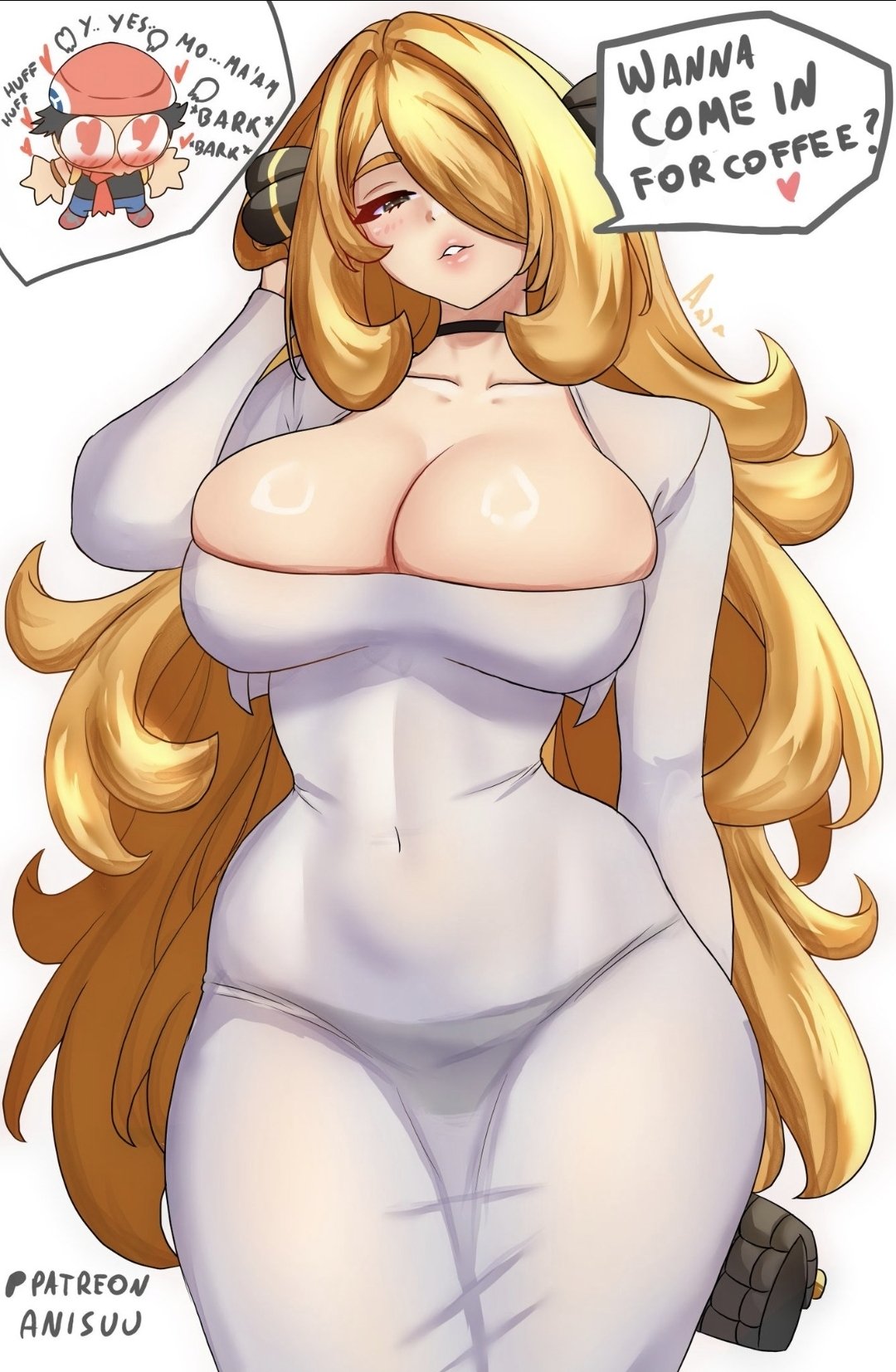 1boy, 1girls, anisdrawn, breasts, cynthia (pokemon), dongtan dress, dress, female, female focus, large breasts, light skin, light-skinned female, looking at viewer, lucas (pokemon), male, mature female, nintendo, pokemon, thick thighs, thighs, wide hips