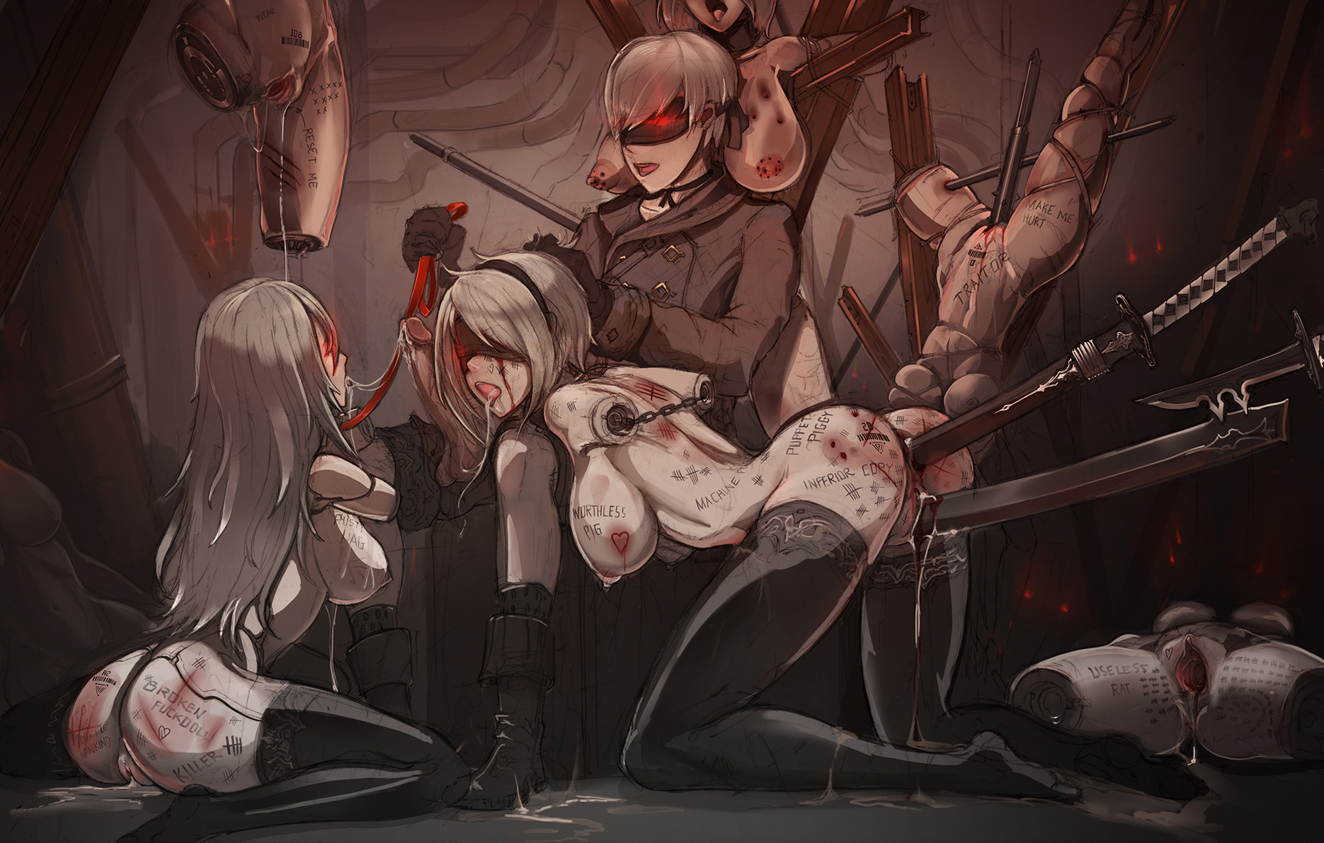 6girls, after fellatio, after rape, amputee, android girl, barcode, bleeding, bleeding from anus, bleeding from pussy, body writing, brainwashed, broken rape victim, cum in ass, cum in pussy, cum leaking out of pussy, cum on breasts, femsub, maledom, on her knees, snuff, sword in ass, sword in pussy, tally marks, trainerjet, yorha 2b, yorha 9s, yorha a2