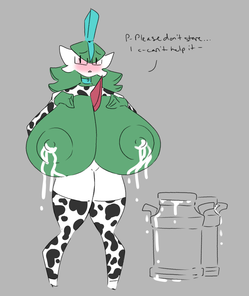 big_breasts bodily_fluids breasts choker cow_costume embarrassed english_text eyewear female female_gallade gallade glasses huge_breasts hyper hyper_breasts jewelry lactation milk mob_face necklace nintendo pokémon_(species) pokemon pokemon_(species) shewiff solo text vera_(shewiff) video_games |_|