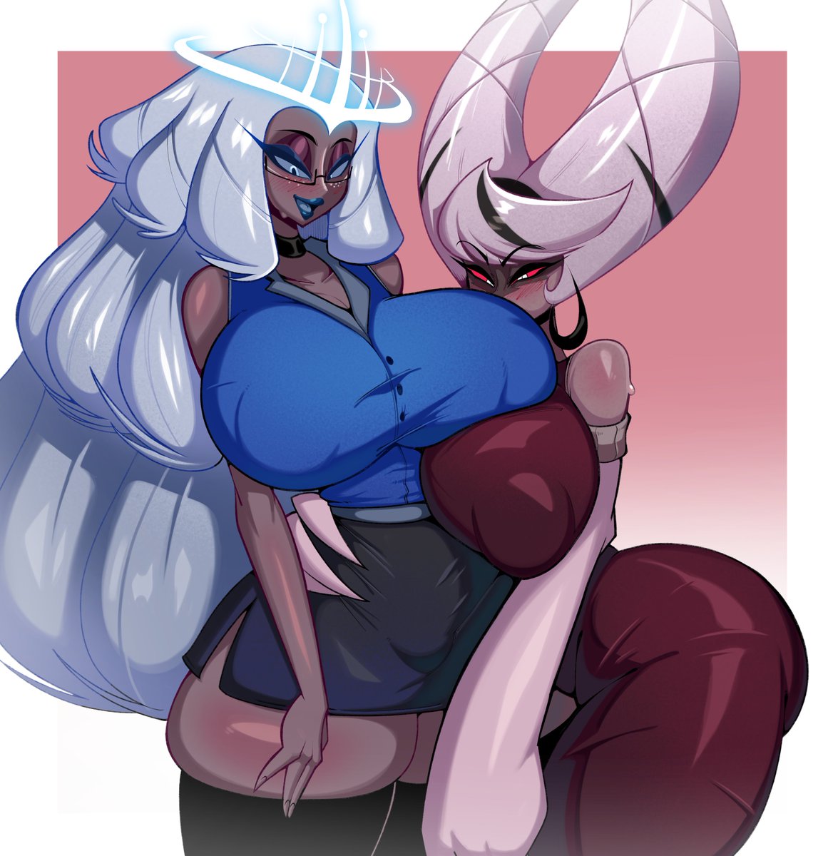 1angel, 2girls, big breasts, big hands, blue eyes, breasts, carmilla carmine, glasses, grey skin, halo, hazbin hotel, huge breasts, lesbian, long hair, milf, red dress, sera (hazbin hotel), seraph, seraph (angel), seraphim, seraphim angel, skirt, stormrayneart, tagme, thick thighs, thighhighs, visible nipples, white hair