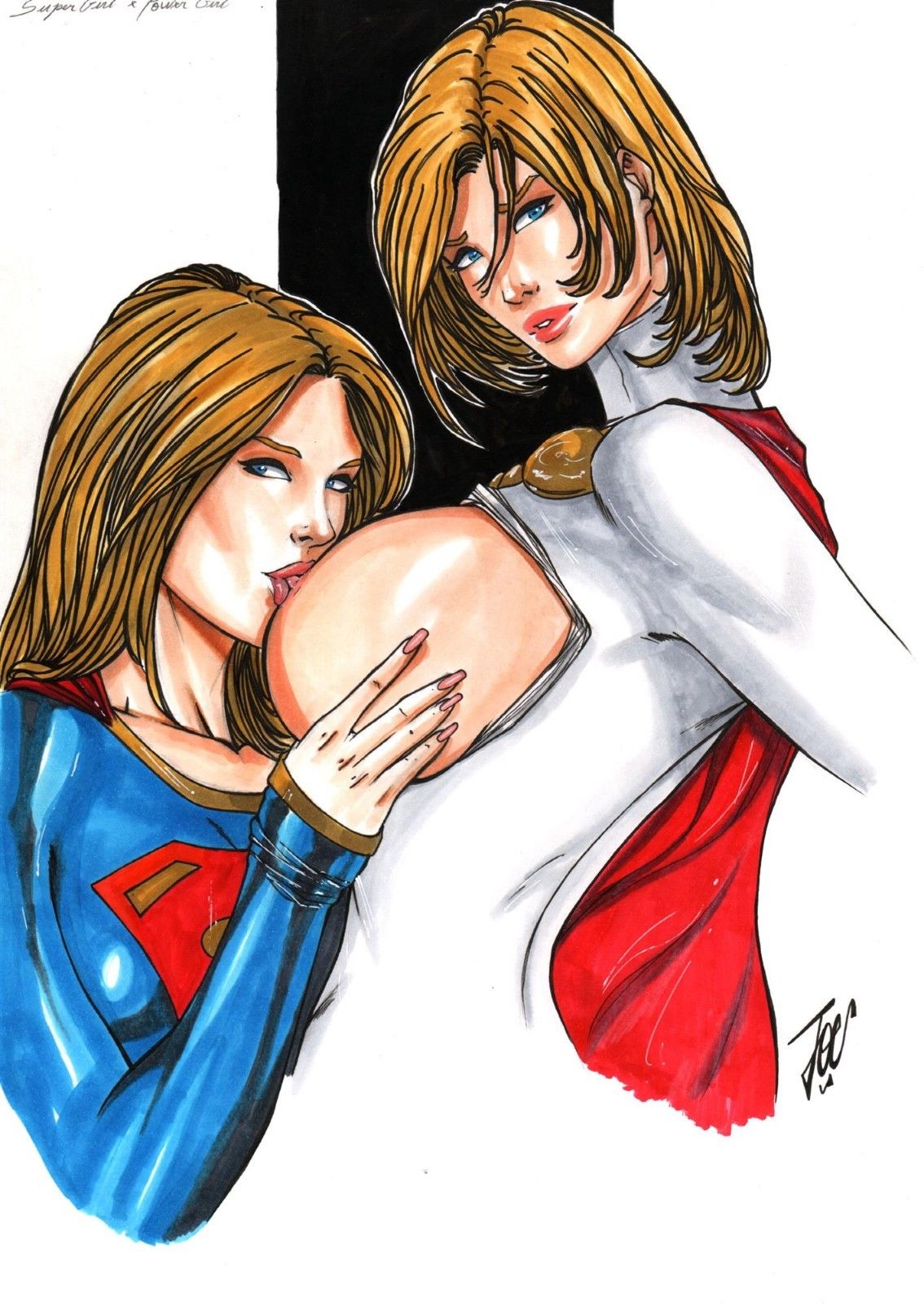 2girls argoan big_breasts blonde_hair blue_clothes blue_clothing blue_eyes breast_sucking breasts breasts_out busty cape curvaceous curvy dc dc_comics ed_benes_studio female female_only huge_breasts joe_lima jsa justice_society justice_society_of_america kara_zor-el karen_starr kryptonian large_breasts leotard licking_nipples long_hair mascara milf multiple_girls nail_polish nipple_sucking nipples pink_lips pink_lipstick pink_nail_polish pink_nails pink_nipples pinup power_girl raised_eyebrows red_cape red_lips red_lipstick selfcest short_hair signature sucking_nipples suckling supergirl superheroine voluptuous white_leotard young_woman young_woman_and_milf yuri