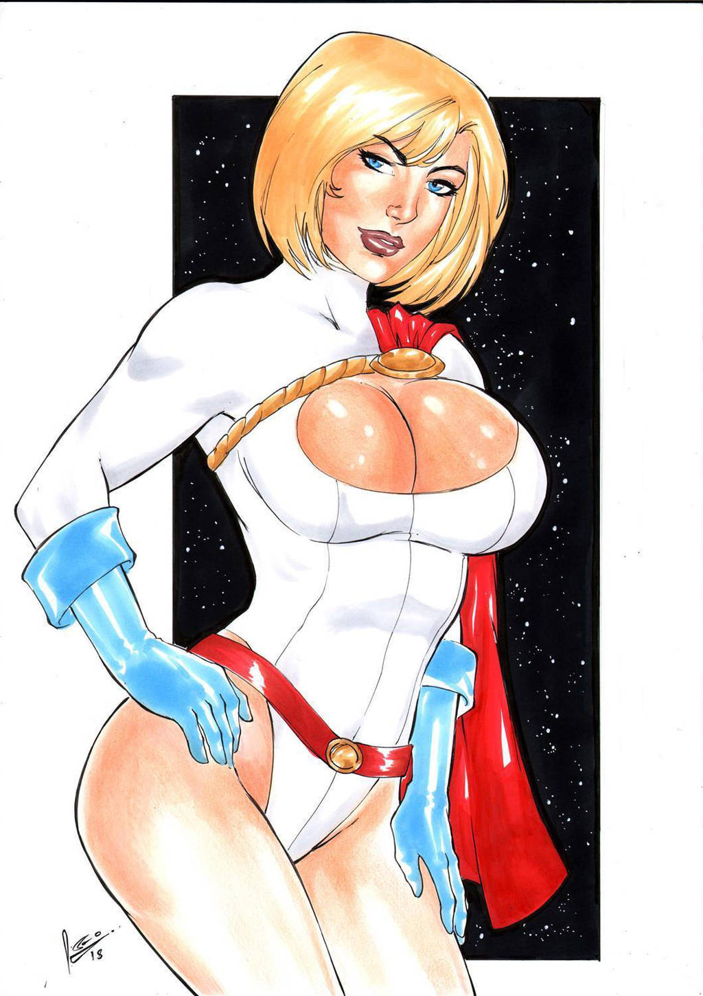 1girls 2018 belt big_breasts blonde_hair blue_eyes blue_gloves breasts busty cape cleavage cleavage_cutout curvaceous curvy dated dc dc_comics earth-2 earth2 earth_2 ed_benes_studio female female_only gloves jsa justice_society justice_society_of_america kara_zor-l karen_starr kryptonian large_breasts leonardo_lourenco leotard mascara pinup power_girl red_belt red_cape red_lips red_lipstick short_hair signature solo superheroine thighs voluptuous white_leotard