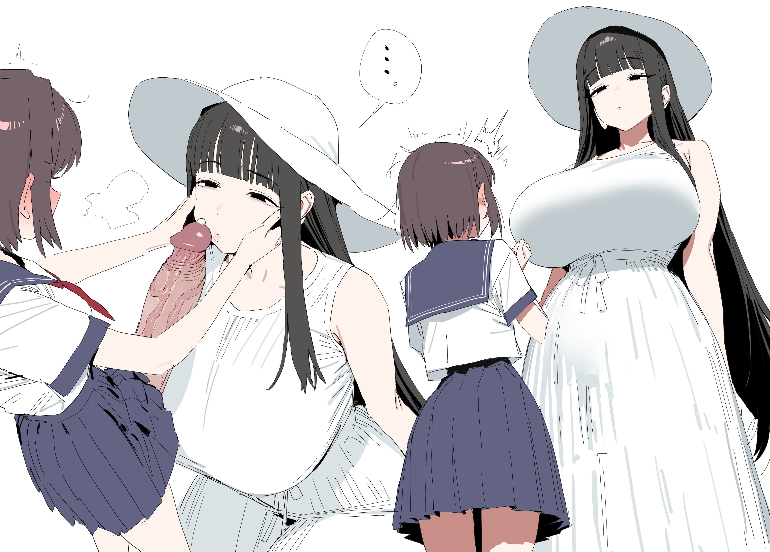 1futa, 1girls, 2026, absurd res, absurdres, bangs, bedroom eyes, big breasts, black eyes, black hair, blunt bangs, bottomless, bottomless futa, bottomless skirt, breasts, brown hair, cock, dick, dickgirl, dickgirl/female, erect penis, erection, futa on female, futanari, ghost, ghost girl, hasshaku-sama, hi res, highres, huge breasts, imminent oral, imminent sex, intersex, intersex/female, japanese mythology, kneeling, kneeling oral position, large breasts, larger female, light skin, light-skinned female, light-skinned futa, long hair, mini giantess, mythology, penis, school uniform, schoolgirl, short hair, size difference, skirt, smaller futa, straight hair, tall female, taller female, urban legend, veins, veiny, veiny penis, very long hair, xipa