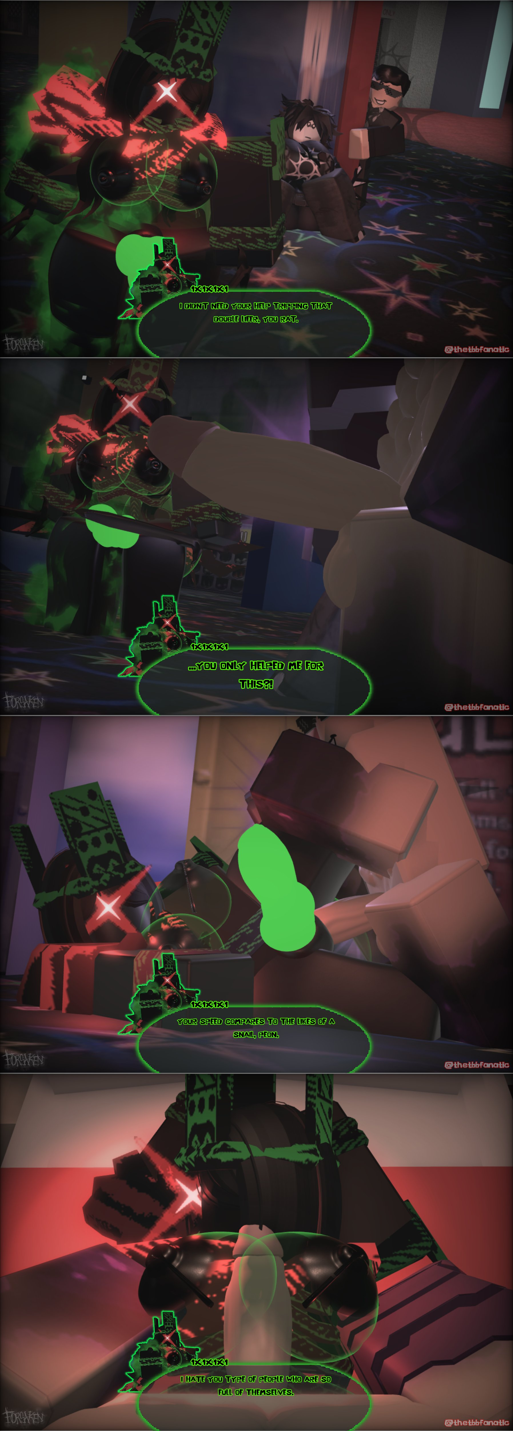1boy, 1futa, 1x1x1x1 (forsaken), 2girls, 3d, breasts, dialogue, forsaken (roblox), futanari, male on futa, penis, roblox, roblox avatar, roblox game, robloxian, see-through body, tagme, tbbfanatic, titfuck, two time