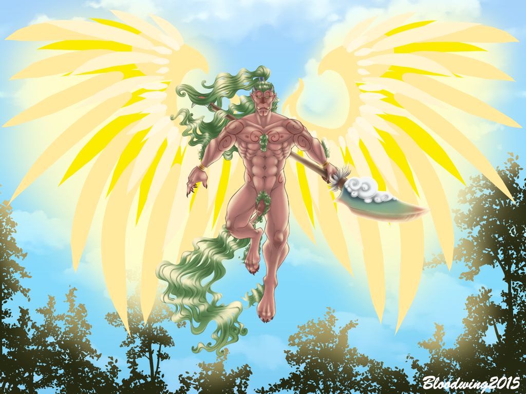 flaccid foo_dog guardian humanoid male male_only muscles muscular nude penis sbloodwing solo spear warrior weapon wings