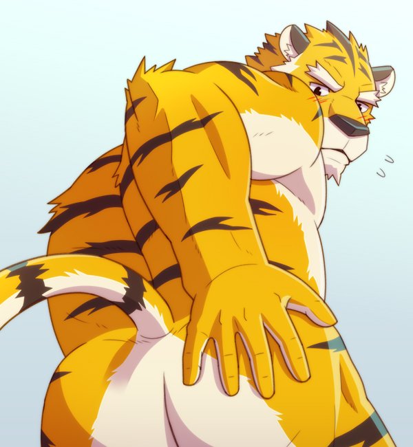 abs ass blush colored felid invalid_tag jacklantern_11 looking_at_viewer male male_only mammal muscular nude pantherine pecs presenting presenting_hindquarters simple_background solo tiger