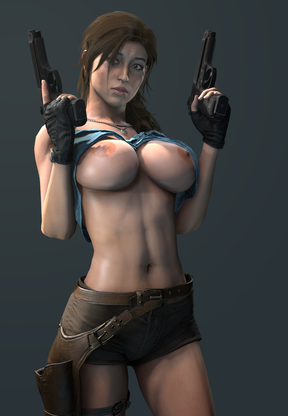 1girls, 3d, 3d (artwork), abs, areolae, batesz, big breasts, breasts, female, female only, lara croft, lara croft (survivor), large breasts, looking at viewer, nipples, shirt lift, solo, source filmmaker, tomb raider, tomb raider (survivor)