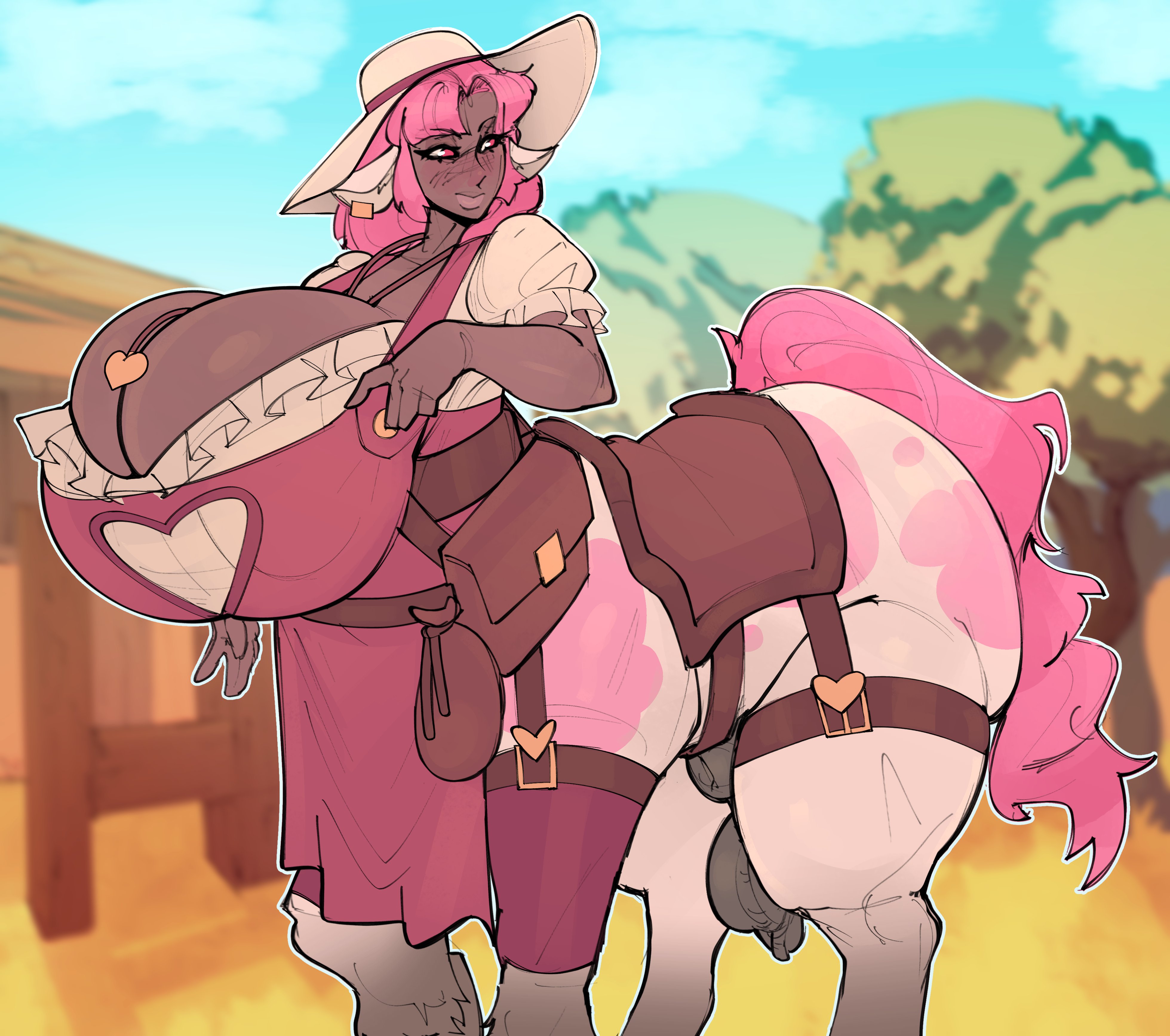 1futa, balls, boobs bigger than head, breasts bigger than head, centaur, centaur futa, dark skin, equine genitalia, equine penis, farmer, fully clothed, fully sheathed, futa only, futanari, futataur, horse tail, horsecock, horsecock futa, horsecock futanari, huge breasts, kopokofiart, pink hair, pink tail, sheathed, taur, thicc, thick, tits bigger than head, wide thighs