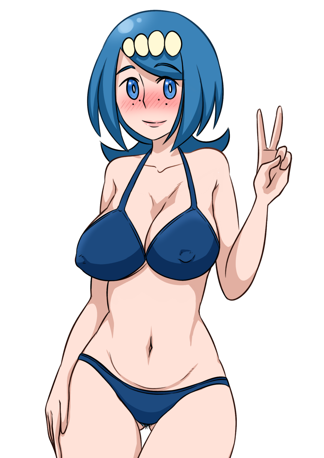 1girls, abs, bare shoulders, belly, big breasts, bikini, blue bikini, blue eyes, blue hair, breasts, cleavage, erect nipples, eye contact, female, female only, freckles, fufan, hair ornament, human, human only, lana's mother (pokemon), large breasts, long hair, looking at viewer, milf, mob face, mother, navel, nintendo, nipples, pokemon, pokemon sm, ponytail, pubic hair, smile, solo, standing, swimsuit, thigh gap, v, white background, wide hips