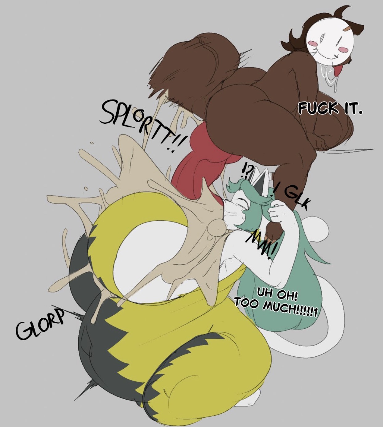 anthro, canine, cum, cum in mouth, cumflated belly, cumflation, fellatio, furry, huge balls, huge breasts, huge cock, jojojiva, knotted penis, larger female, mask, no humans, oral, pulling leg, smaller male, smiley face, sweat, temmie (undertale), thick thighs, throat fuck, tongue, tongue out, wolf, zaw (zaw4517)