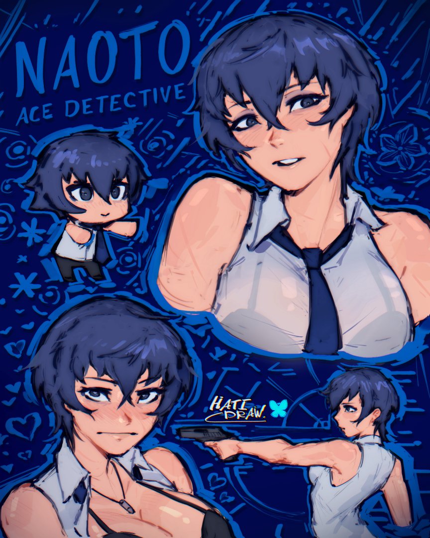 2d, 2d (artwork), arched back, asian, asian female, atlus, bangs, blue hair, bra, bra visible through clothes, cleavage, cleavage cutout, crossdressing, embarrassed, embarrassed expression, embarrassed female, hatidraw, large breasts, medium hair, naoto shirogane, necklace, open shirt, persona, persona 4, see-through, see-through clothes, see-through clothing, see-through shirt, sfm, shirogane naoto, side view, sleeveless shirt, tagme, teenage girl, teenager, tie