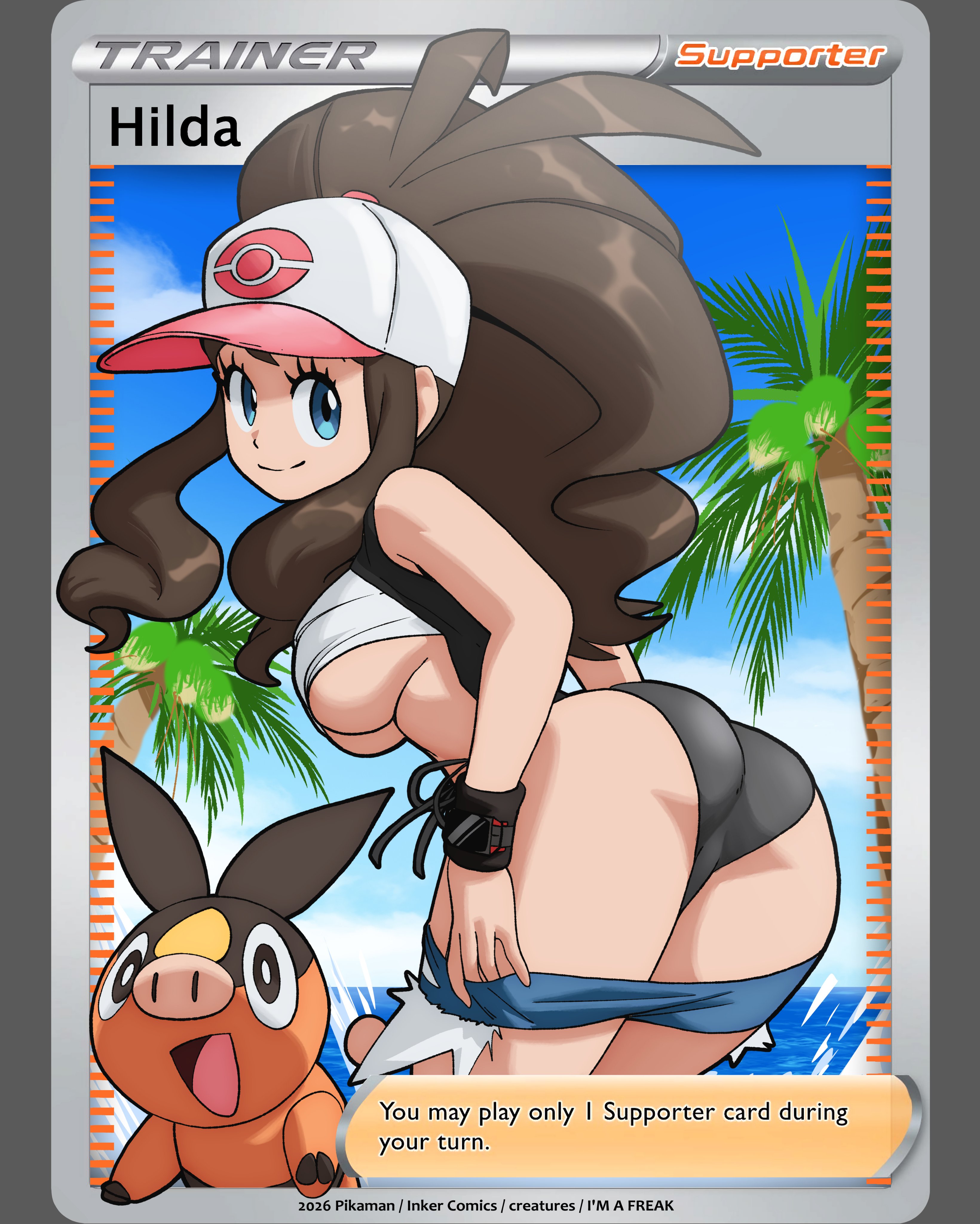 1girls, ass, card (medium), hilda (pokemon), inkershike, pokemon, pokemon card, tepig