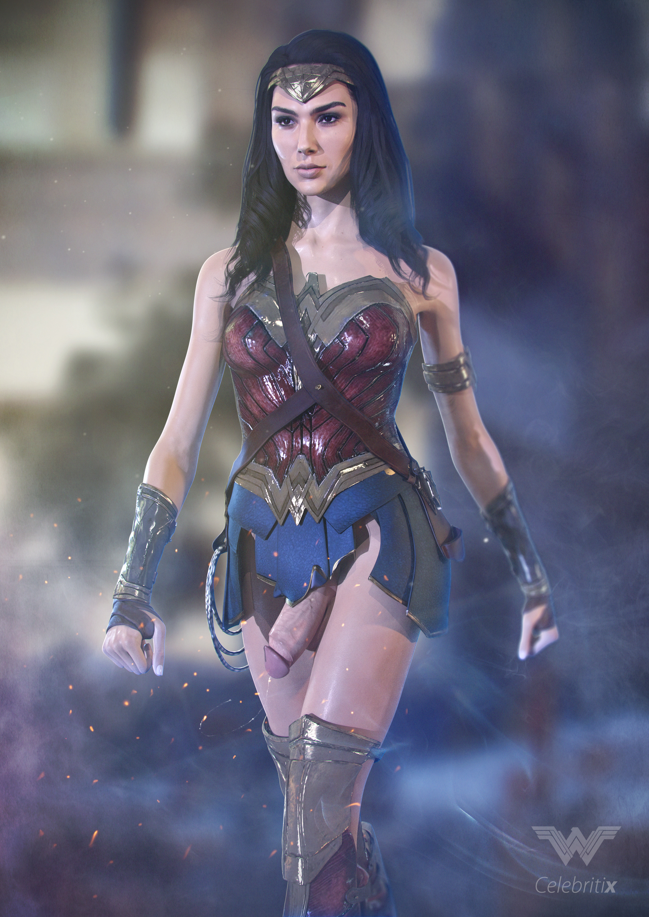 1futa, 3d, actress, arm bracers, balls, balls under clothes, black hair, bottomless skirt, breasts, casual, casual exposure, casual nudity, celebrity, circumcised, corset, dc, dc comics, dc extended universe, dickgirl, exposed, exposed balls, exposed penis, eyeshadow, flaccid, futa only, futanari, gal gadot, intersex, knee boots, otiohard, penis, penis out, penis under clothes, penis under skirt, precum, precum drip, real person, realistic, skirt, slim, tiara, walking, wide hips, wonder woman, wonder woman (series)