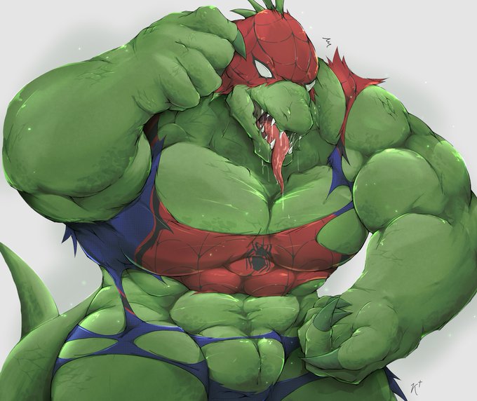 1boy better_version_at_source bottomless clothed clothing green_scales green_skin human_to_anthro human_to_scalie iokei177 male male_only marvel post_transformation scales scalie smooth_skin solo species_transformation spider-man_(series) torn_clothing transformation