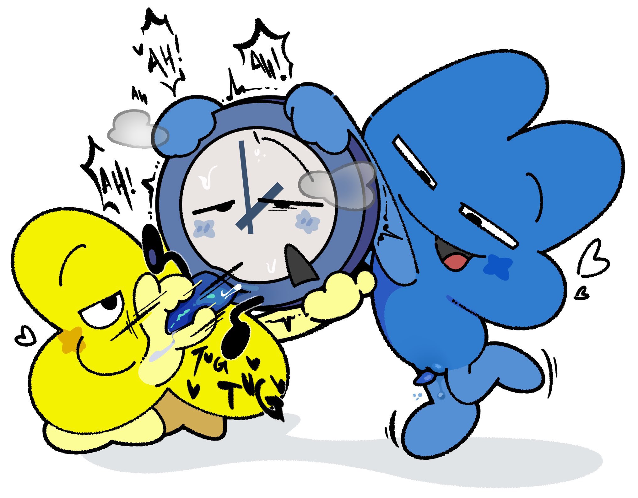 algebralien, battle for dream island, bfdi, clock (bfdi), cum, ejaculation, four (bfb), handjob, object shows, orgasm, penis, threesome, x (bfb), yaoihet
