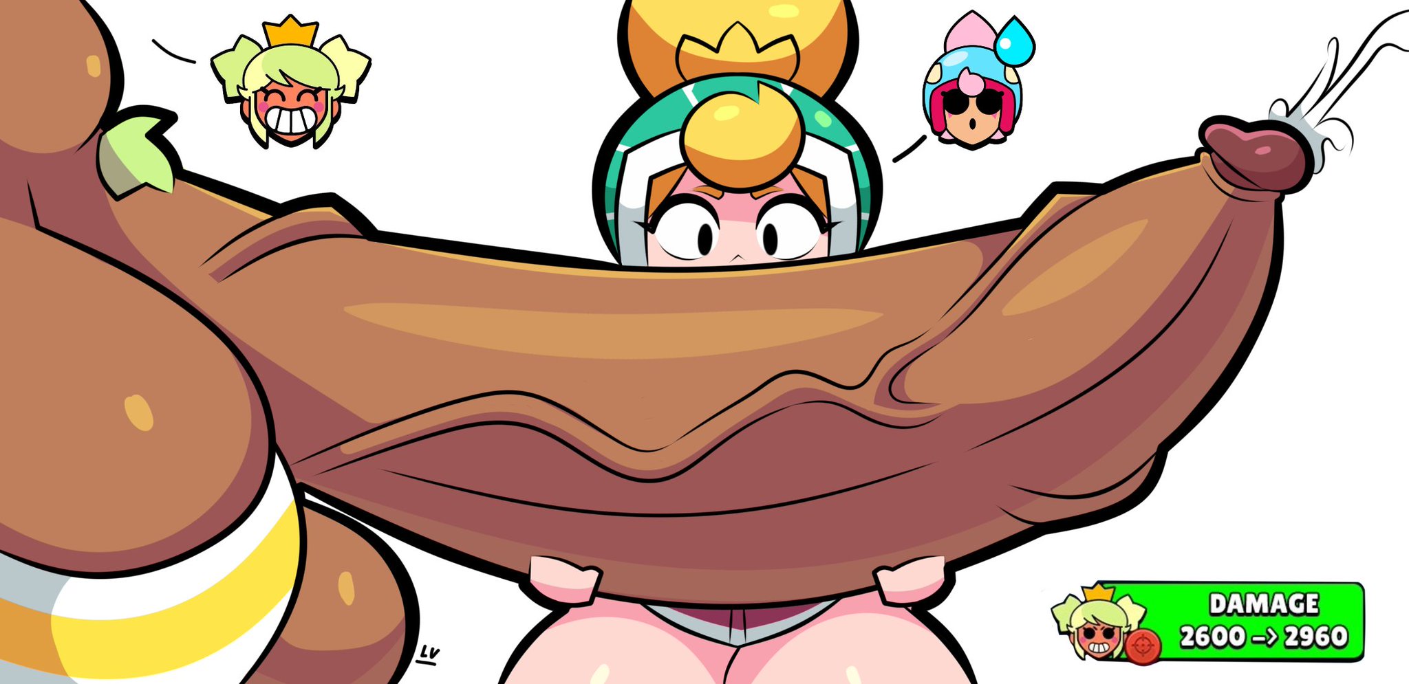 aged up, brawl stars, dark-skinned futa, double drownz, futanari, interracial, janet (brawl stars), jolly janet (brawl stars), mandy (brawl stars), massive breasts, massive penis, thick thighs