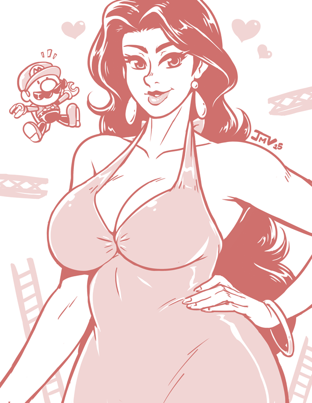 1girls big_breasts bracelet breasts cleavage clothed clothing curvaceous curvy detailed_background dress earrings female female_only fingernails hand_on_hip heart human kaigetsudo long_hair looking_at_viewer mario_(series) mario_vs._donkey_kong mini_mario nintendo pauline shiny_clothes solo thick wide_hips