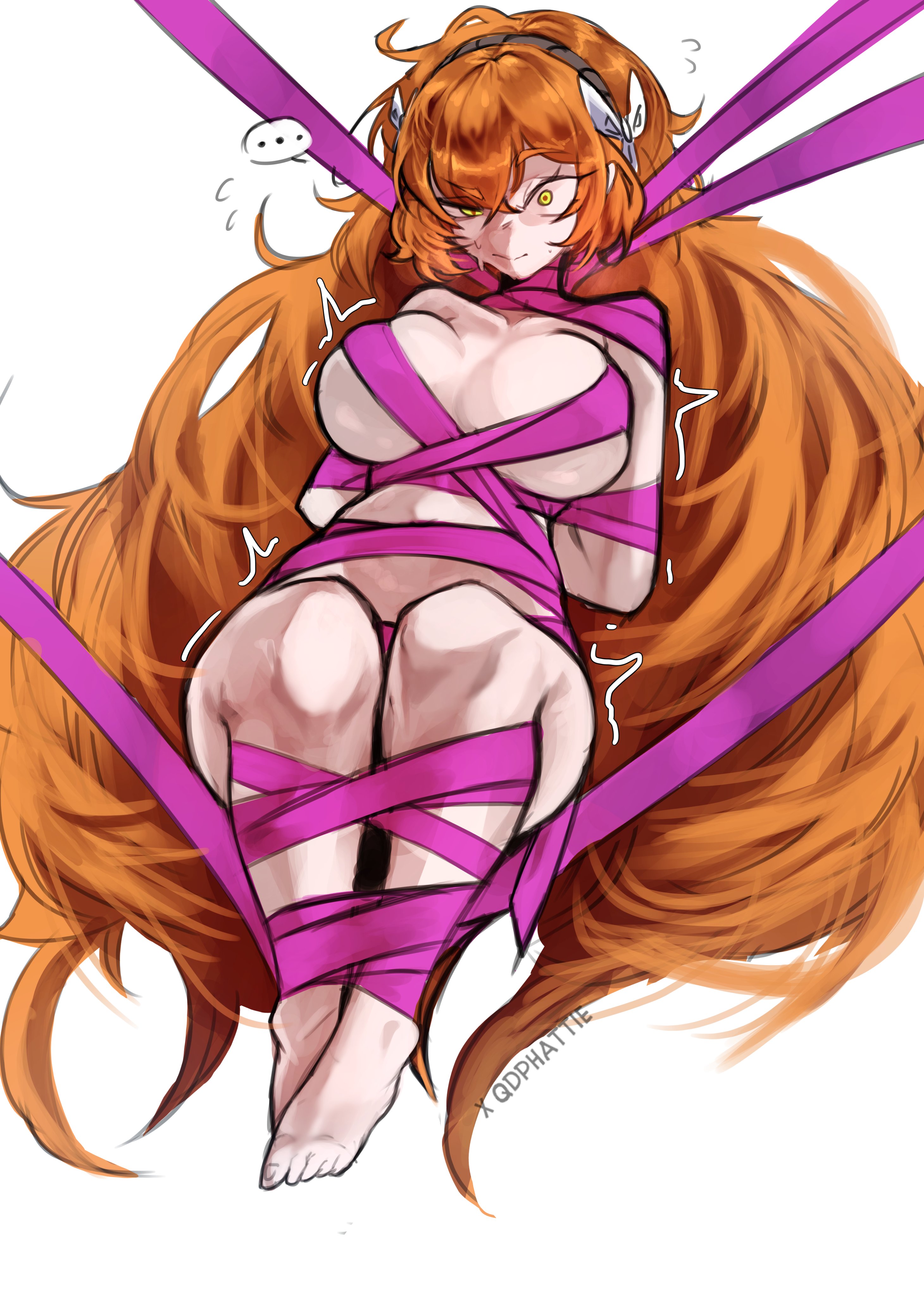 ..., 1girls, absurd res, arms behind back, asphyxiation, bondage, bound wrists, breasts, female, female only, hands behind back, hourglass figure, human, human female, ishmael (limbus company), large breasts, light-skinned female, limbus company, long hair, orange hair, phatie (artist), pink shoes (limbus company), possessed, possession, project moon, qdphatie, restrained, ribbon bondage, slim waist, strangling, tagme, trembling, very long hair, wide hips