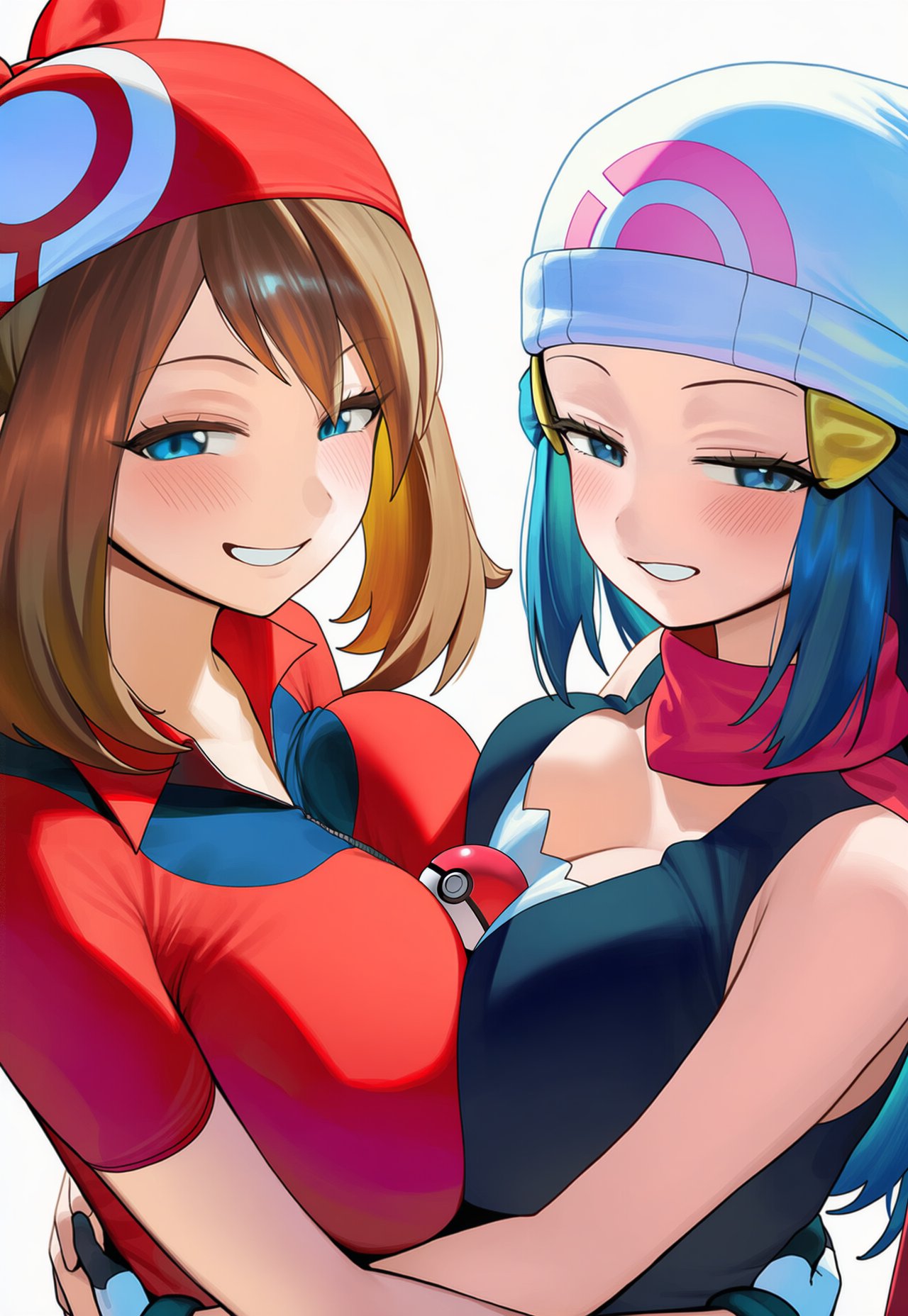 ai generated, big breasts, breasts to breasts, circle ueponzu, dawn (pokemon), huge breasts, looking at viewer, may (pokemon), pokemon