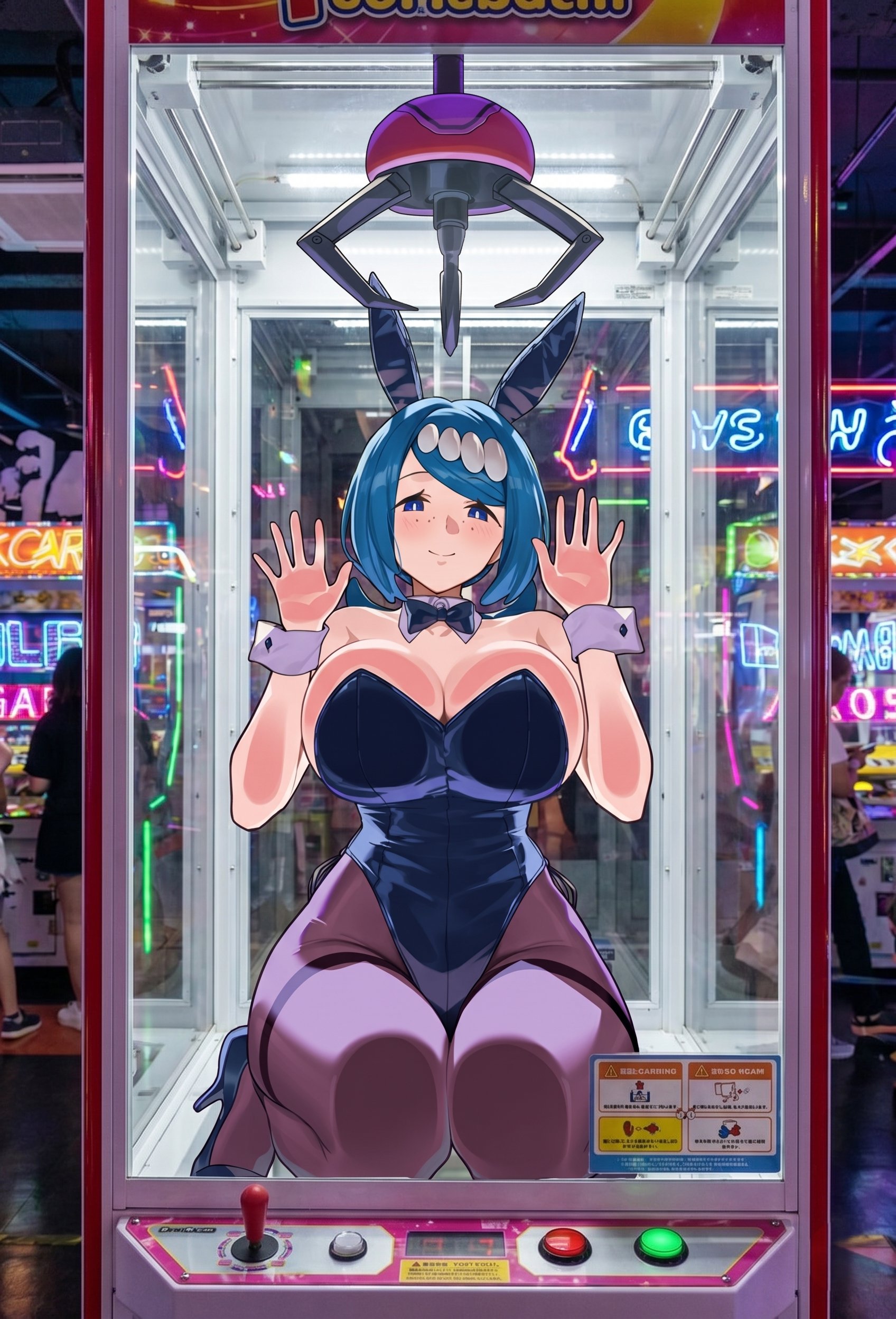 ai generated, big breasts, bunny ears, bunnysuit, circle ueponzu, claw machine, huge breasts, lana's mother (pokemon), leotard, looking at viewer, pokemon