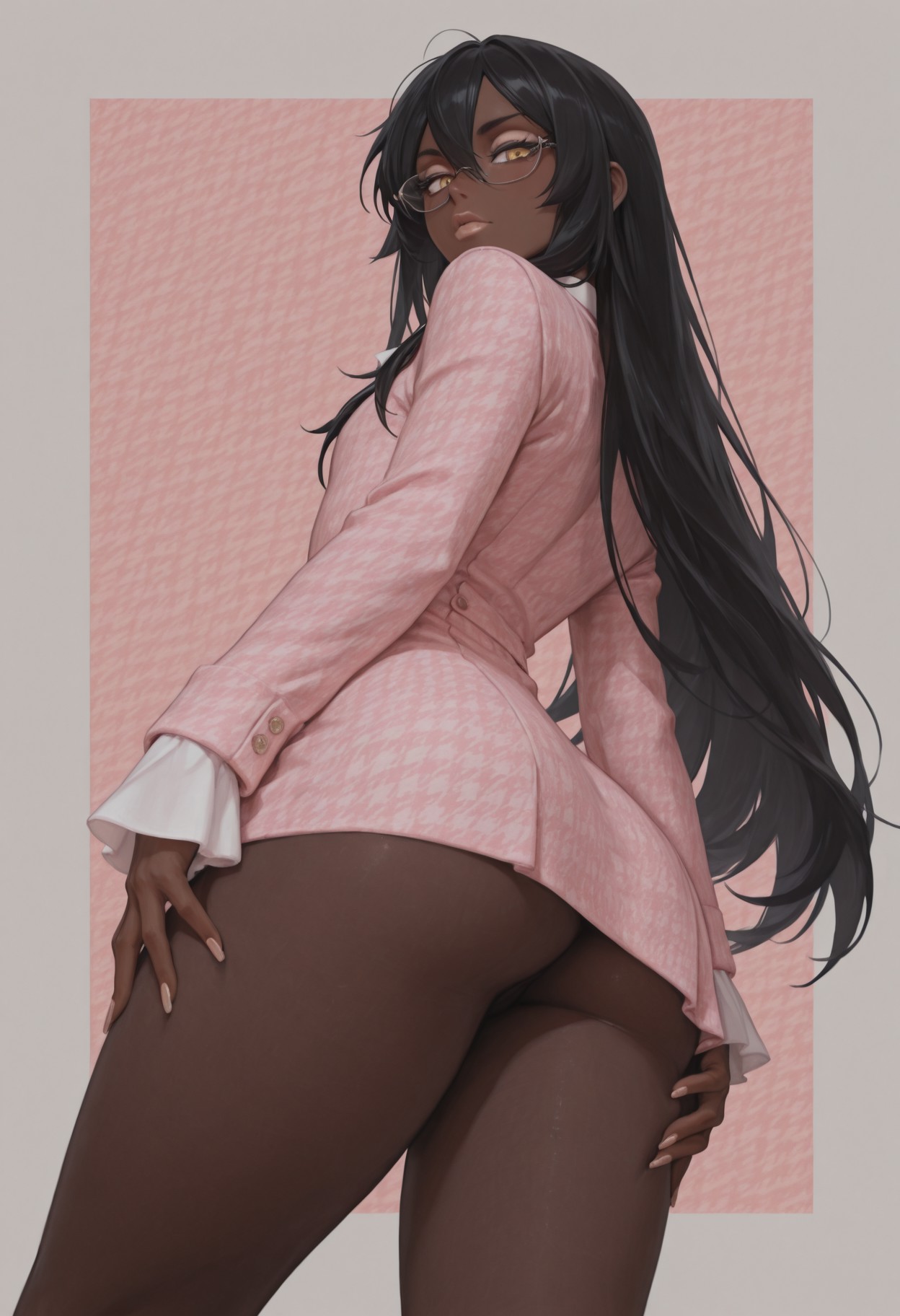 1boy, 1femboy, ai generated, alternate version available, ass, big ass, black hair, blush, crossdressing, dark hair, dark skin, dark-skinned femboy, femboy, feminine male, girly, glasses, long hair, looking at viewer, low-angle view, no panties, office clothing, office lady, original, pantyhose, solo, thighs, trap, vuurtoren, yellow eyes
