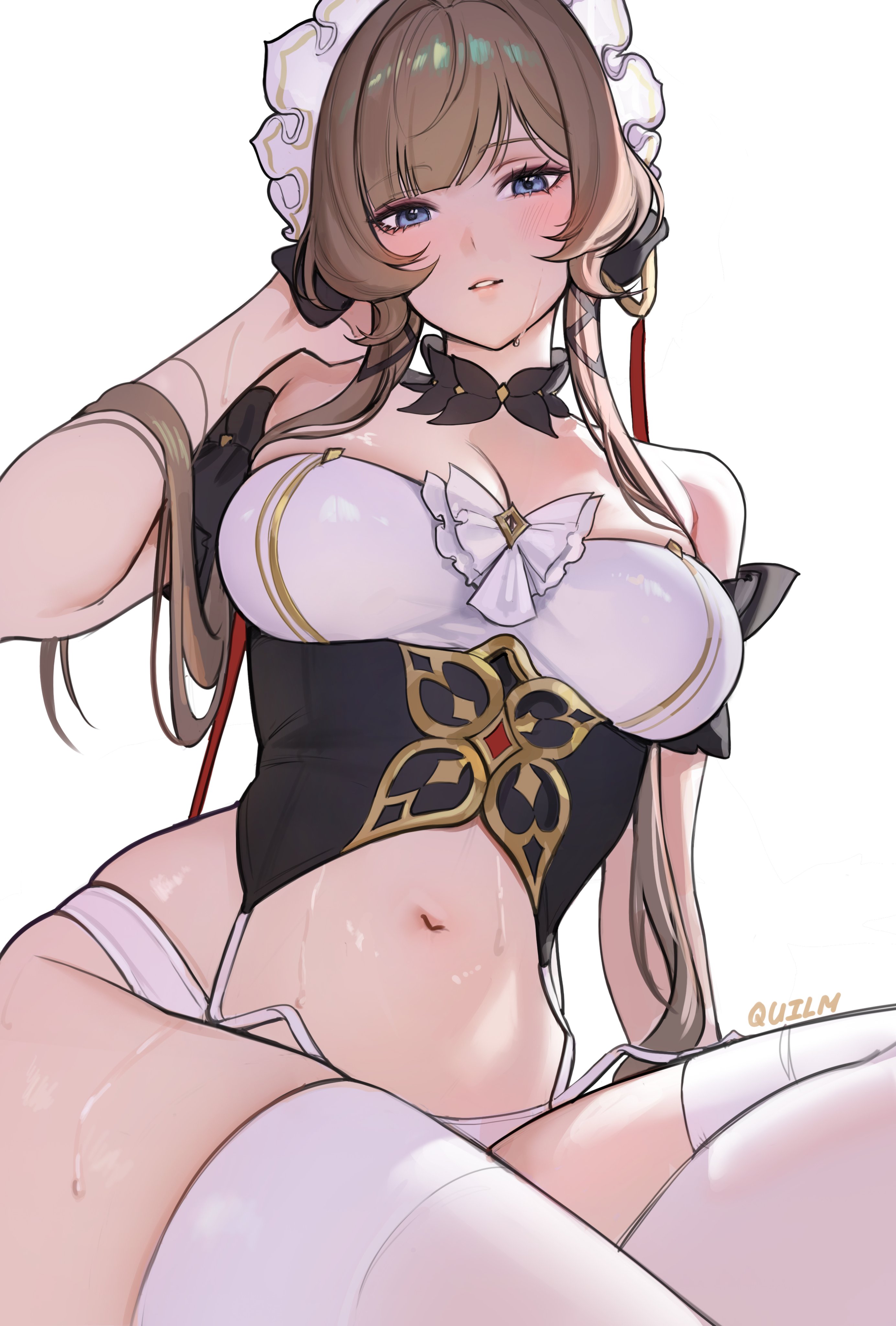 1girls, 2d, 2d (artwork), artist name, artist signature, bare midriff, blue eyes, breasts, cleavage, digital media (artwork), female, female focus, female only, genshin impact, hoyoverse, large breasts, light skin, light-skinned female, looking at viewer, mihoyo, navel, quilm, sandrone (genshin impact), solo, sweat, sweatdrop, tagme, thick thighs, thighs, wet, wet body, wet skin, white thighhighs, wide hips