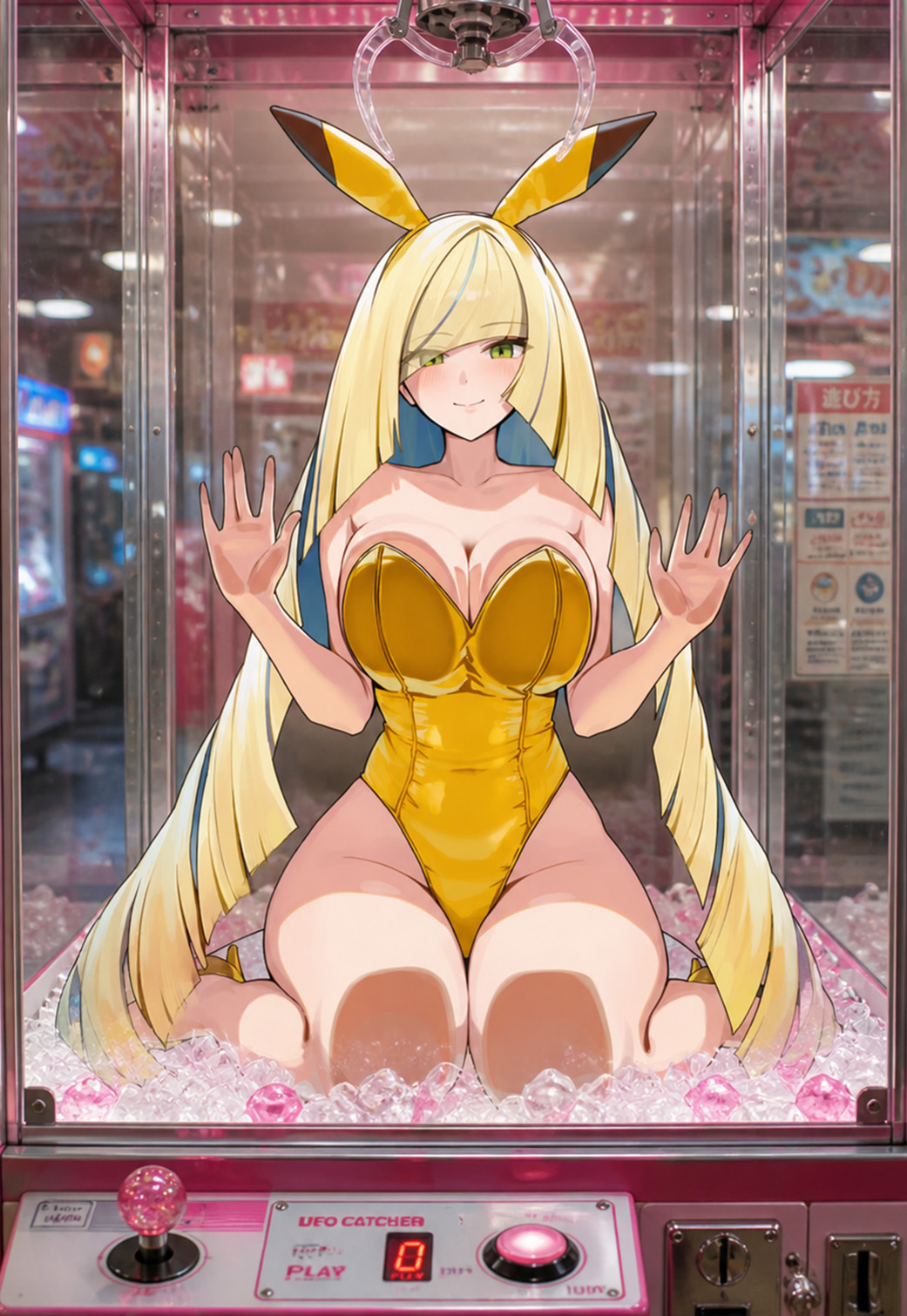1girls, ai generated, big breasts, bunny ears, bunnysuit, circle ueponzu, claw machine, huge breasts, leotard, looking at viewer, lusamine (pokemon), pokemon