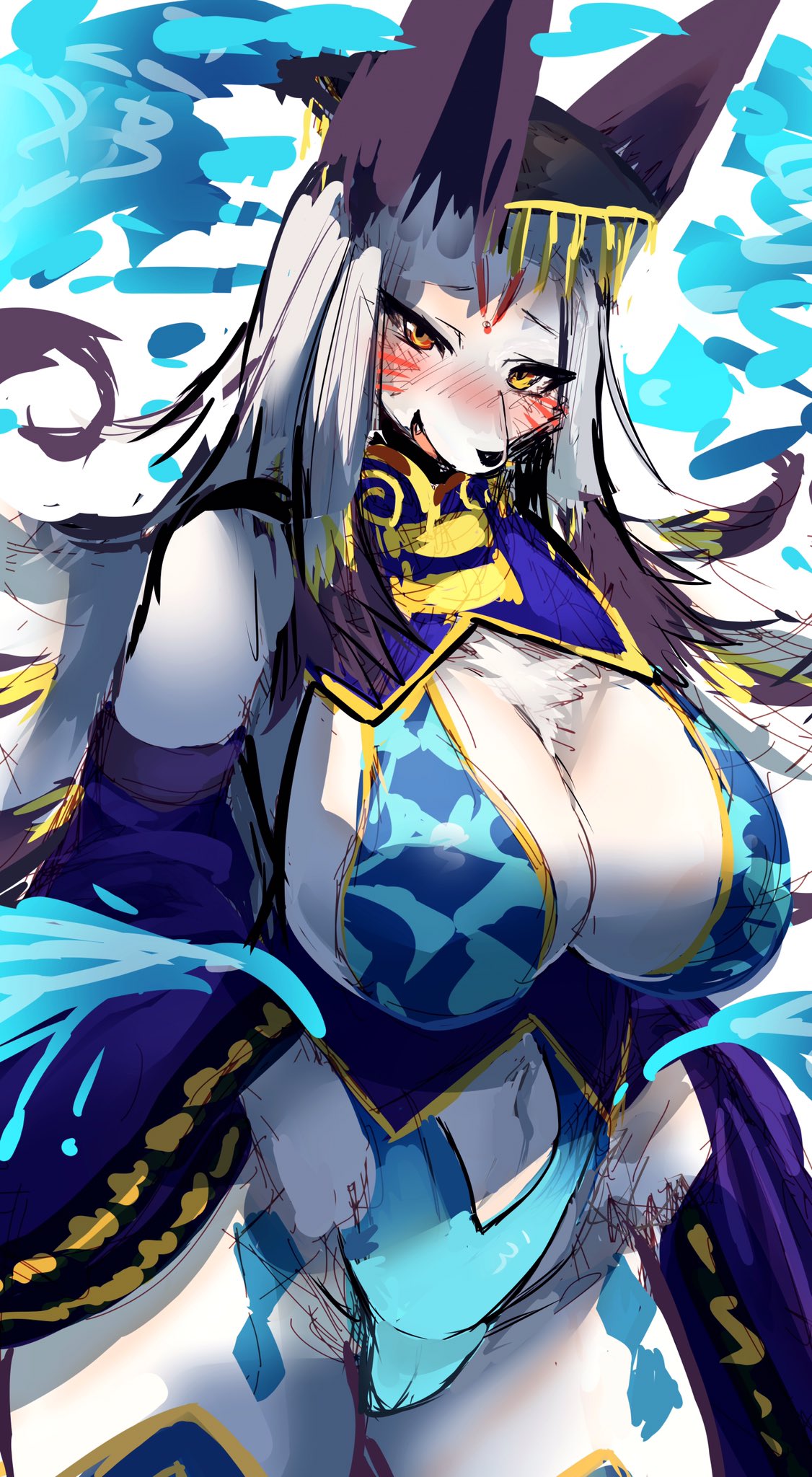 anthro big_breasts blush breasts canid canine daji_(full_bokko_heroes_x) daji_(fullbokko_heroes) female female_only full_bokko_heroes_x fullbokko_heroes fur hair hi_res kemono mammal nukochi open_mouth pussy solo video_games white_fur yellow_eyes