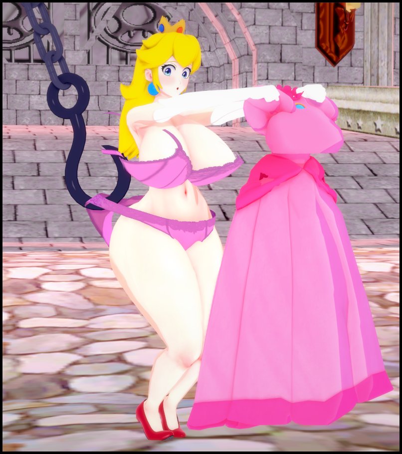 1girls amanwithnoplan bra busty female female_only heels hook mario_(series) nintendo panties princess_peach solo spongebob_reference taking_off_dress