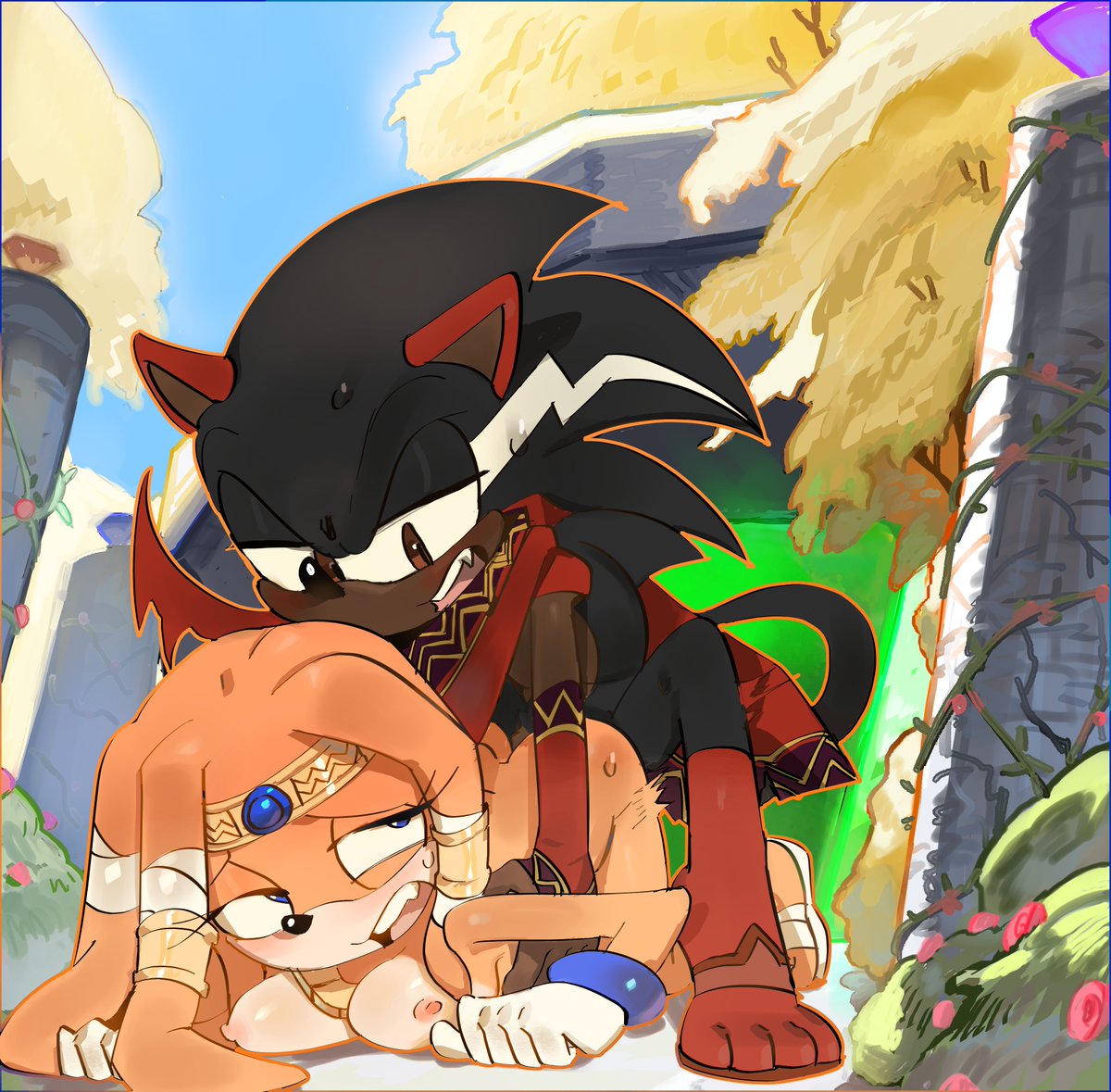 1boy 1girls anal anal_penetration anal_sex ancient_ruins areolae black_fur blue_eyes brown_eyes chaos_emerald commission dark-skinned_male detailed_background doggy_style doggystyle gold_jewelry keiph_(b.a._demon) keiph_the_tenrec looking_back oc_x_canon on_ground orange_fur outdoors pinklilim sandals sonic_(series) sonic_adventure sonic_oc sonic_the_hedgehog_(series) sunny sweat temple tikal_the_echidna vines
