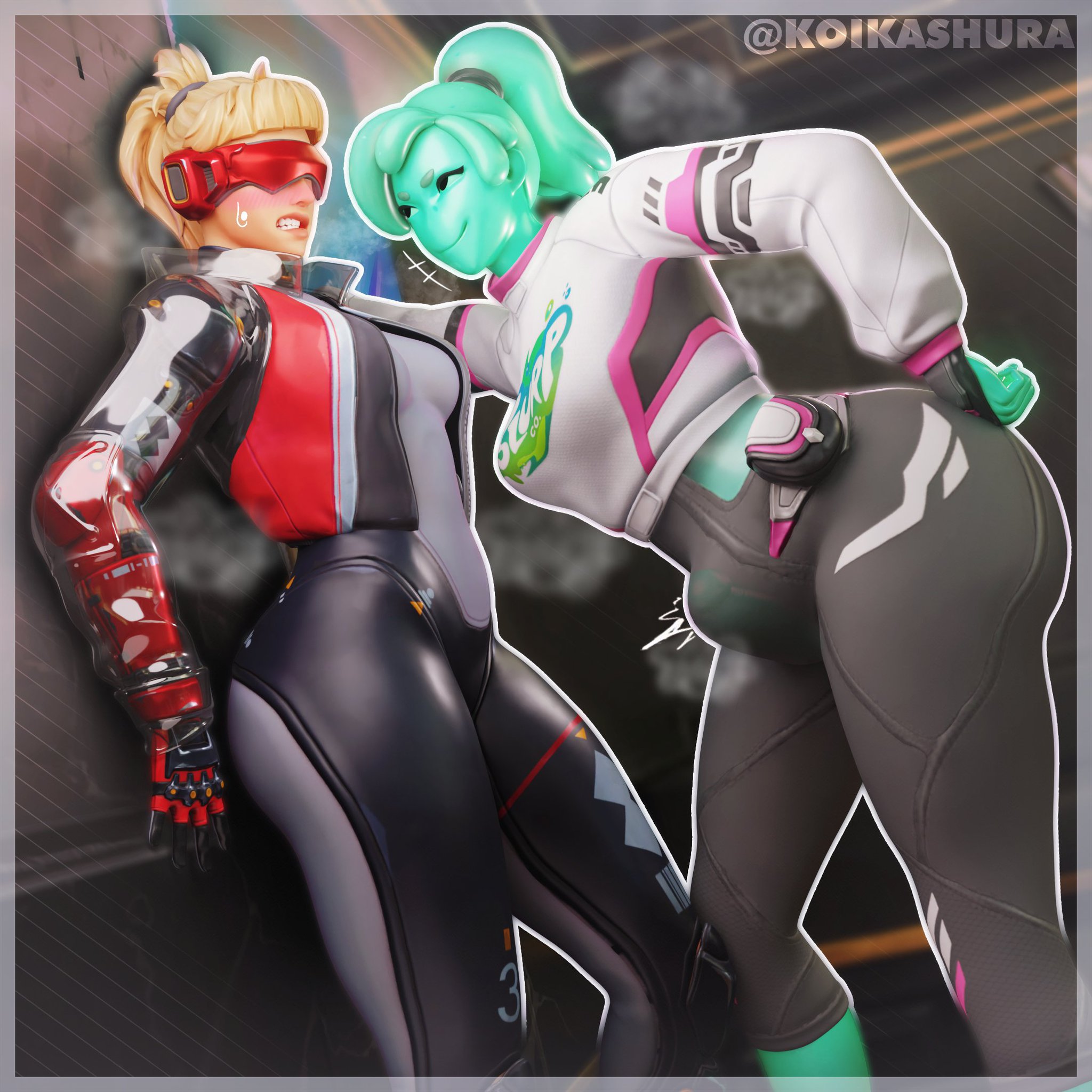 blush, bulge, clothing, ella slurp, fortnite, futanari, green skin, koikashura, nervous, see-through, smirk, steam, versa (fortnite), watermark, yellow hair