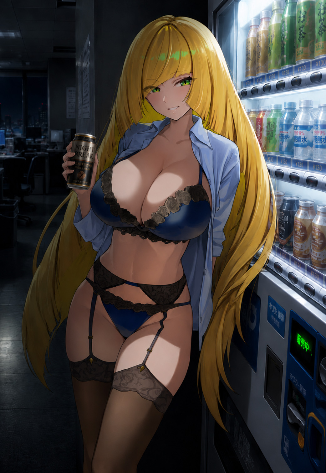 ai generated, big breasts, blonde hair, bra, circle ueponzu, huge breasts, lingerie, lusamine (pokemon), pokemon, underwear