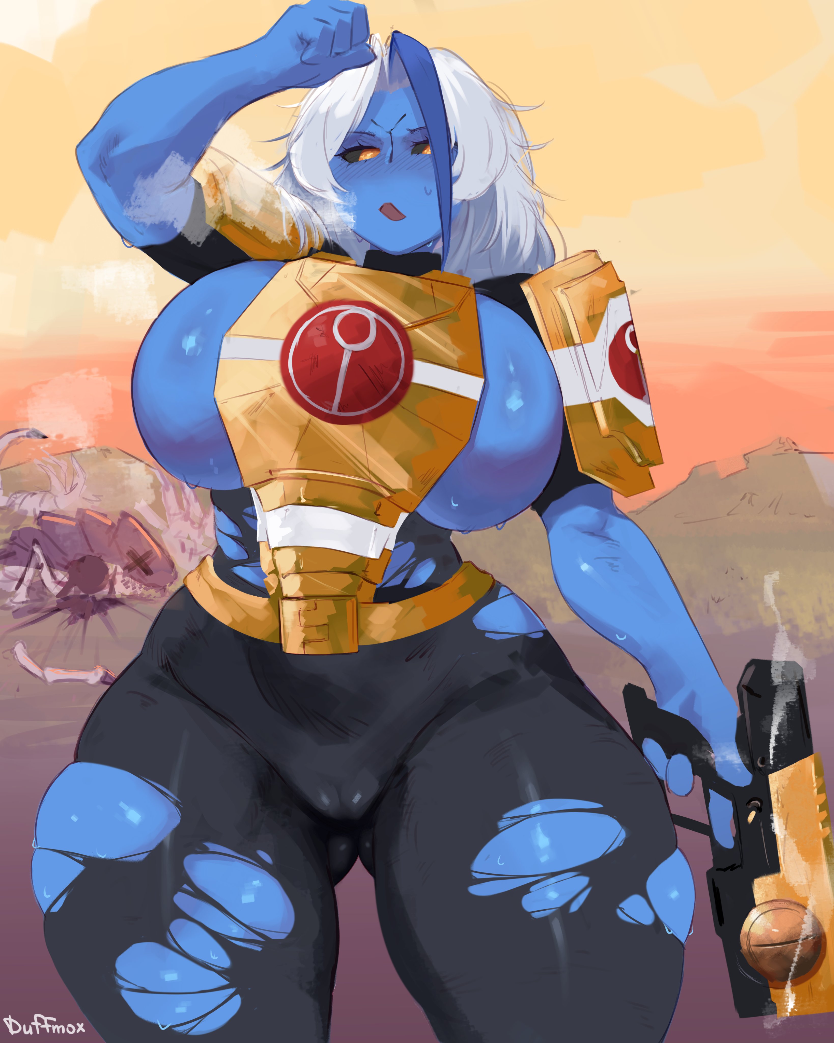 ass, ass visible through thighs, blue skin, cameltoe, duffmox, female, female only, fire warrior, huge breasts, long hair, oc, tau, thick thighs, torn clothes, warhammer (franchise), warhammer 40k, white hair