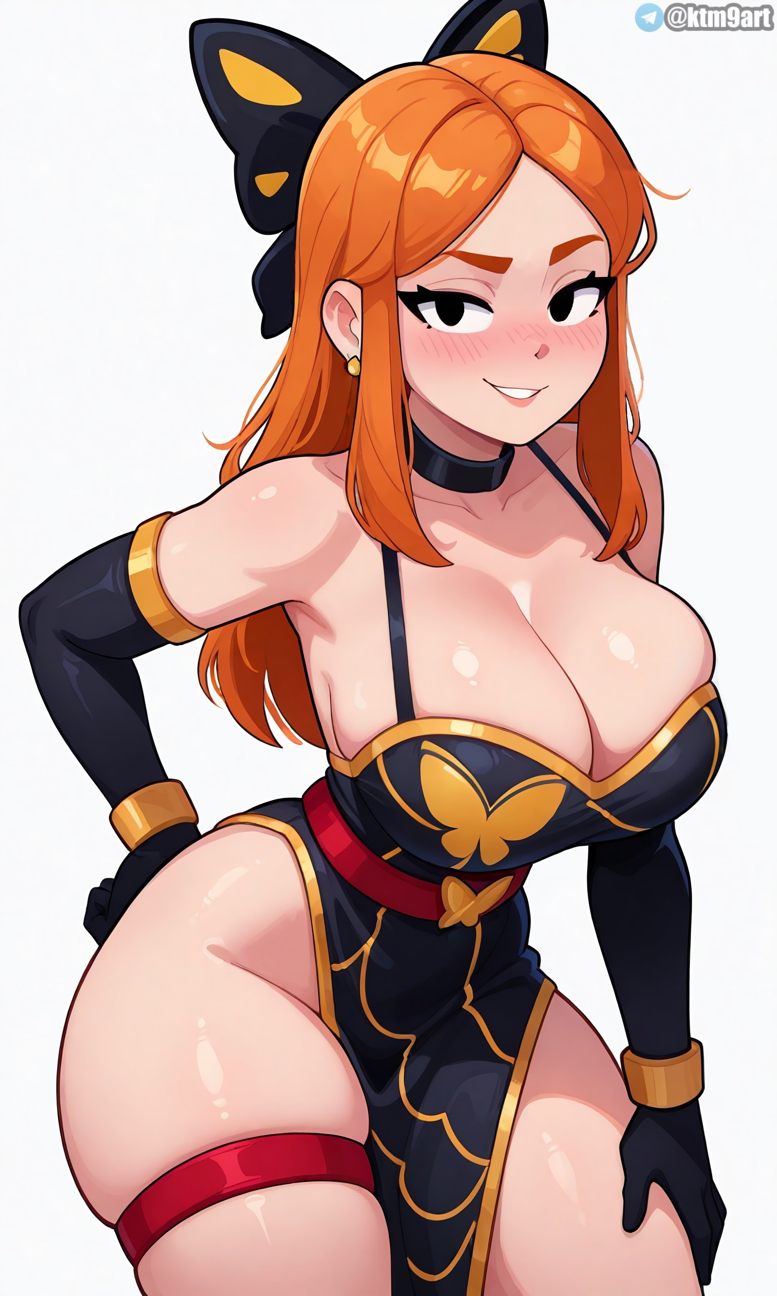 ai generated, blush, brawl stars, breasts, curvy, leaning forward, mariposa piper (brawl stars), nose blush, piper (brawl stars), sexy, smile, standing, thick, thighs