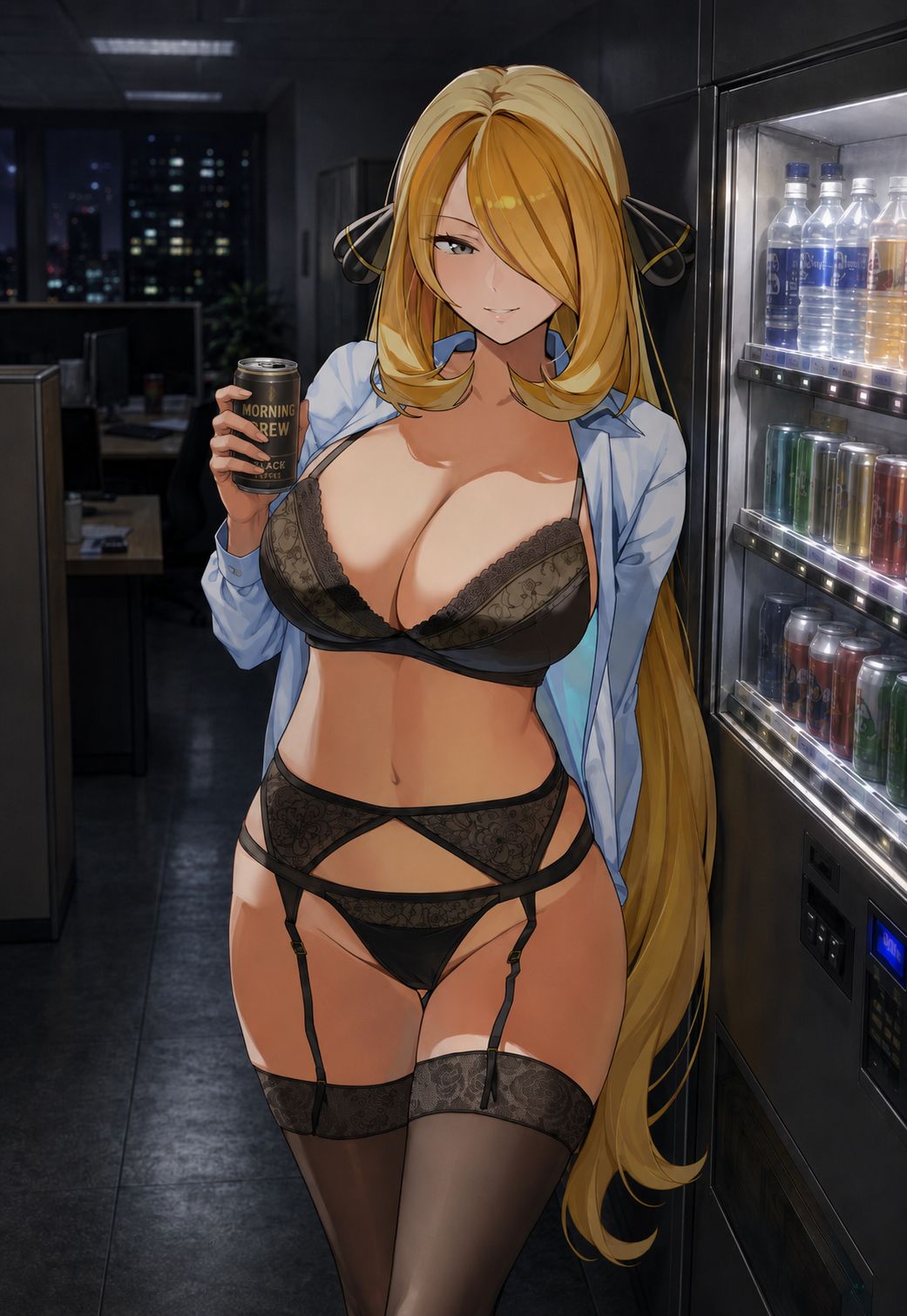 ai generated, big breasts, blonde hair, bra, circle ueponzu, cynthia (pokemon), huge breasts, lingerie, pokemon, underwear