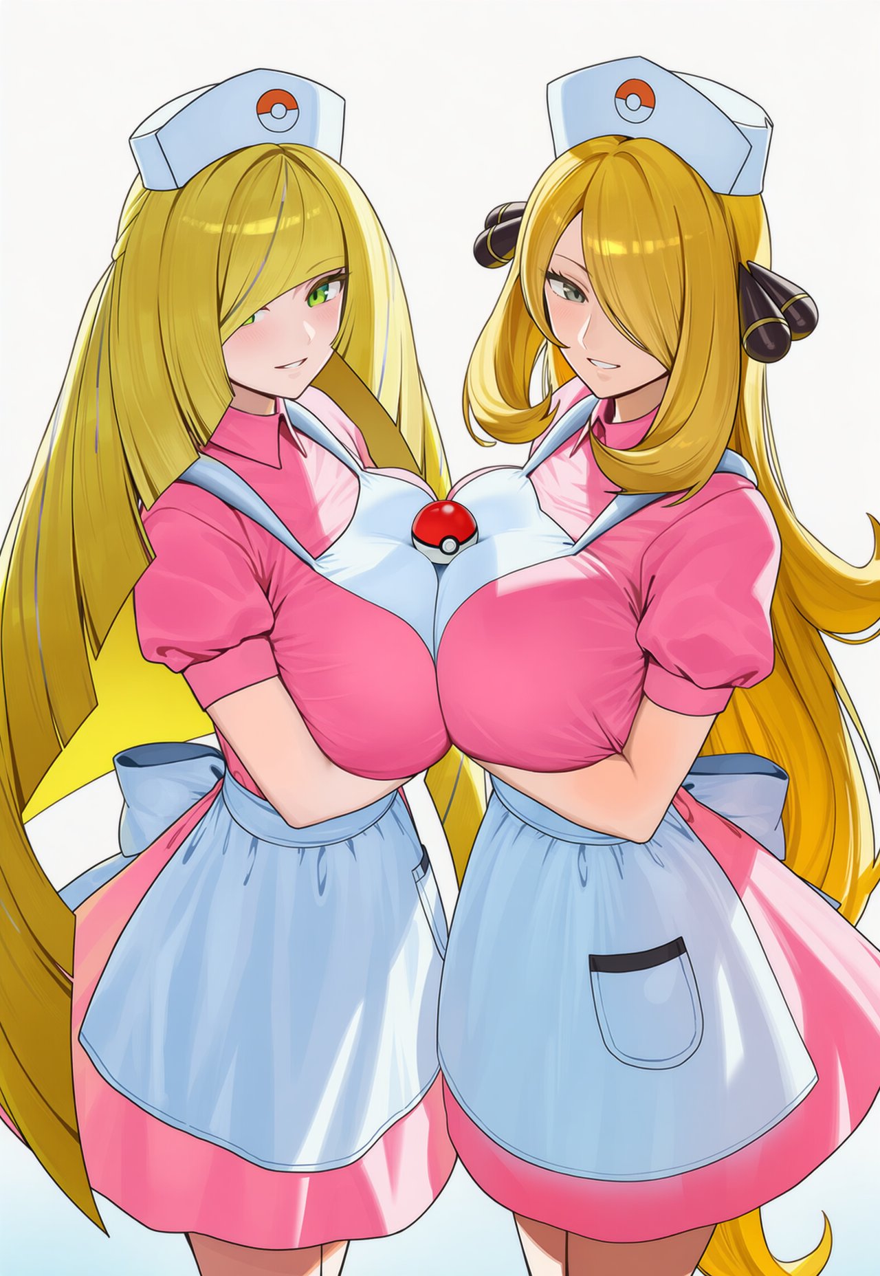 2girls, ai generated, ai slop, big breasts, blonde hair, circle ueponzu, cynthia (pokemon), huge breasts, looking at viewer, lusamine (pokemon), nurse, nurse joy (cosplay), nurse uniform, pokemon