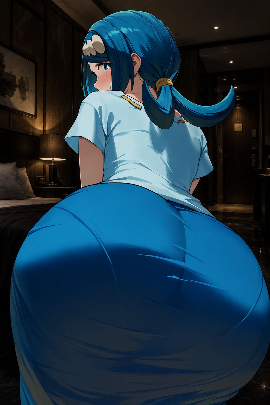 1girls, ai generated, ass, big ass, big butt, blue hair, circle ueponzu, dumptruck ass, fat ass, female, female only, game freak, huge ass, lana's mother (pokemon), looking at viewer, looking back, milf, mother, nintendo, pokemon, thick ass, wide hips