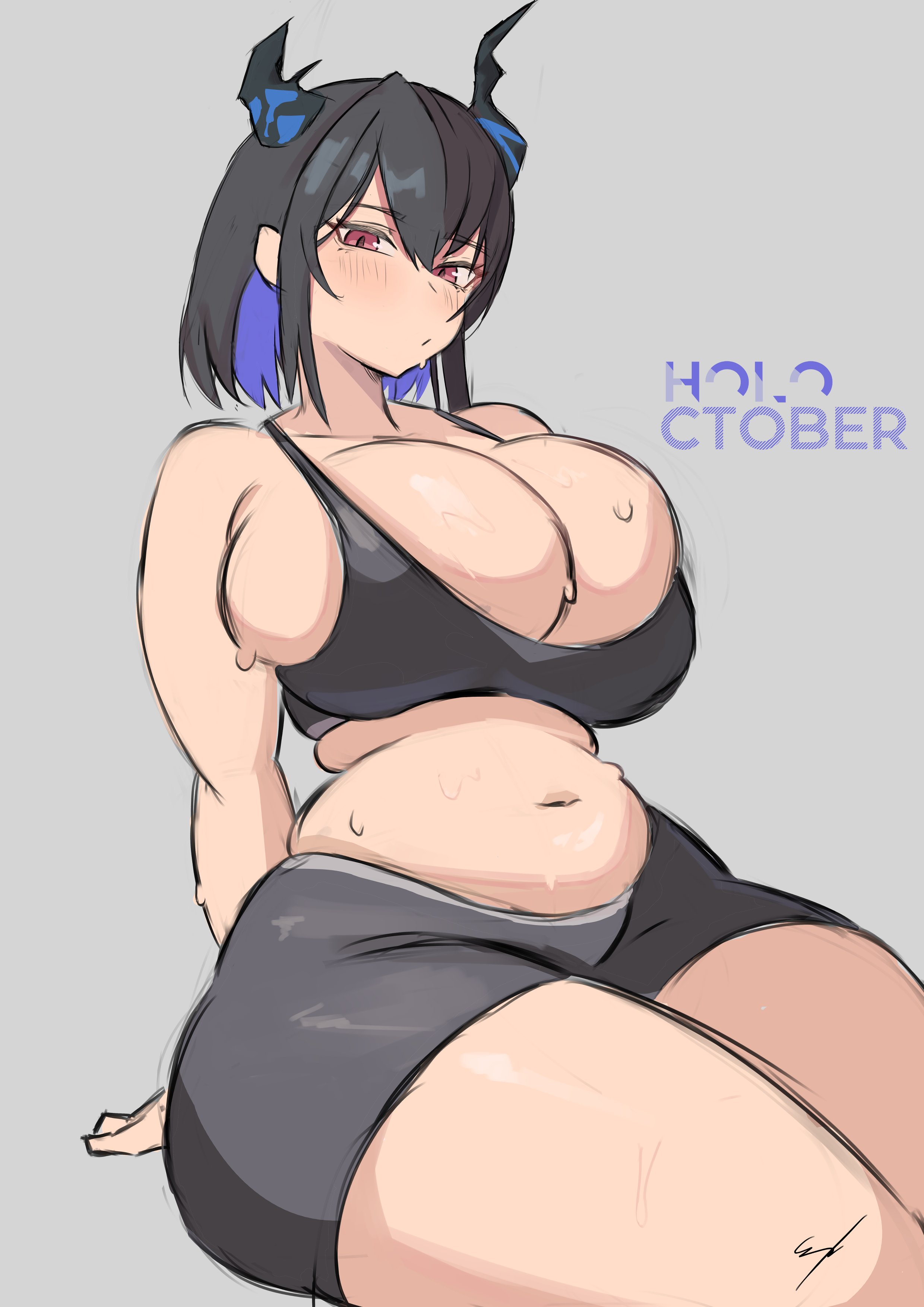 1girls, arms behind back, asymmetrical horns, big breasts, bike shorts, black hair, blue hair, blush, blushing, breast squish, breasts, breasts bigger than head, busty, busty female, child bearing hips, chubby, chubby female, cleavage, clothed, clothed female, curvy, curvy figure, deep cleavage, demon, demon girl, erroz, exercise clothing, eyebrows, eyelashes, female, female focus, hair between eyes, holoctober, hololive, hololive english, hololive english -advent-, horns, huge breasts, inner hair, legs together, light skin, light-skinned female, monster girl, mouth closed, narrow waist, nerissa ravencroft, pudgy belly, red eyes, seated, short hair, shorts, sideboob, sitting, solo, solo focus, spaghetti strap, sports bra, squished breasts, sweat, sweatdrop, sweatdrops, sweating, sweaty arms, sweaty belly, sweaty breasts, sweaty face, sweaty thighs, thick thighs, thigh squish, thighs, thighs together, tight clothing, virtual youtuber, voluptuous, voluptuous female, wide hips, workout clothes