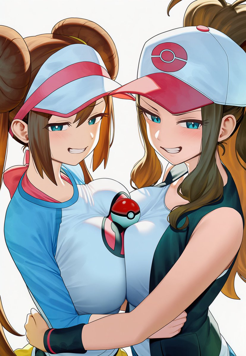 ai generated, big breasts, breasts to breasts, circle ueponzu, hilda (pokemon), huge breasts, looking at viewer, pokemon, rosa (pokemon)