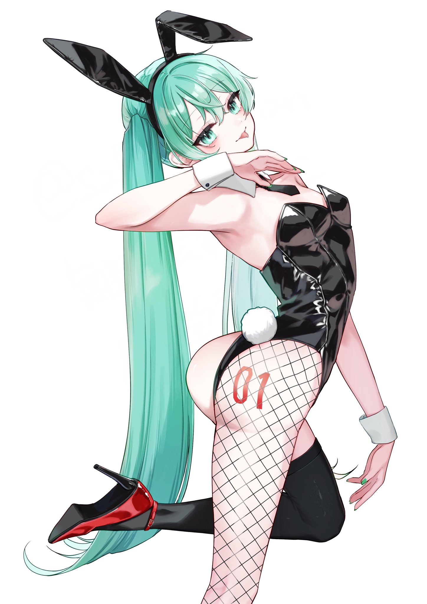 :p, 1girls, aqua eyes, aqua hair, ass, ass tattoo, bunny ears, bunny tail, bunnysuit, fake animal ears, fake tail, fishnets, hatsune miku, high heels, leotard, nail polish, oversized breast cup, playboy bunny, rabbit tail, simple background, single fishnet, single thighhigh, small breasts, solo female, standing on one leg, strapless, strapless leotard, thighhighs, tongue out, vocaloid, white background, wrist cuffs