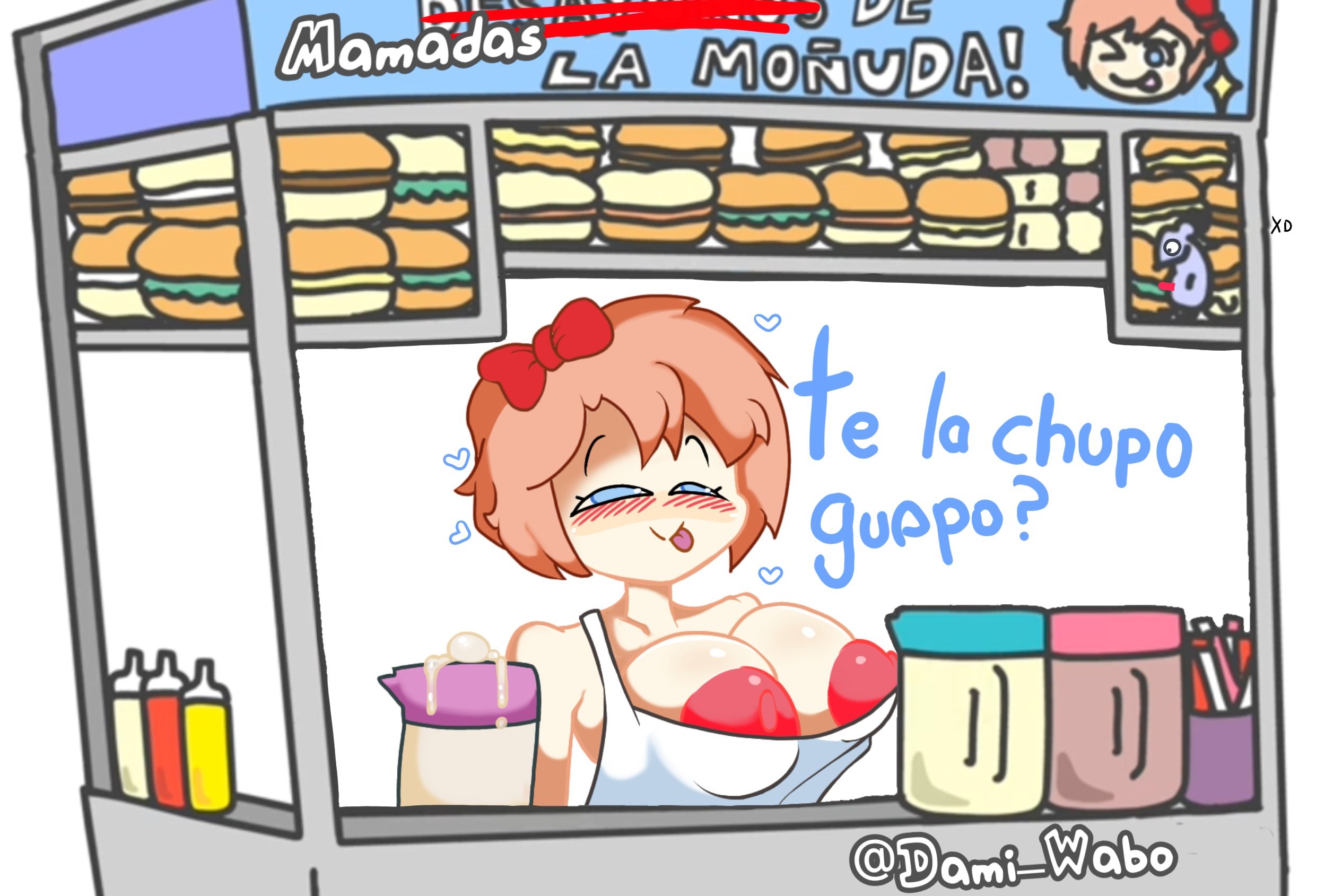 1girls, almost naked, apron, apron only, areolae, breasts, dami wabo, female, female only, nipple slip, nipples, public, saori (the p-club), solo, solo female, spanish text, tagme, talking to viewer, the p-club