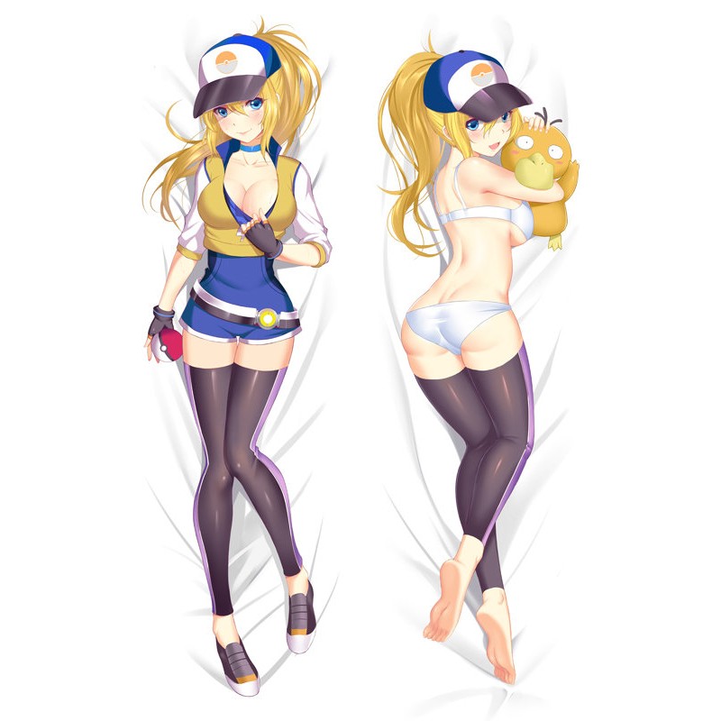 ass, barefoot, bed, blonde hair, breasts, dakimakura design, female, female only, female protagonist (pokemon go), nintendo, panties, pokemon, pokemon go, pokemon rgby, psyduck, shoes, thighhighs