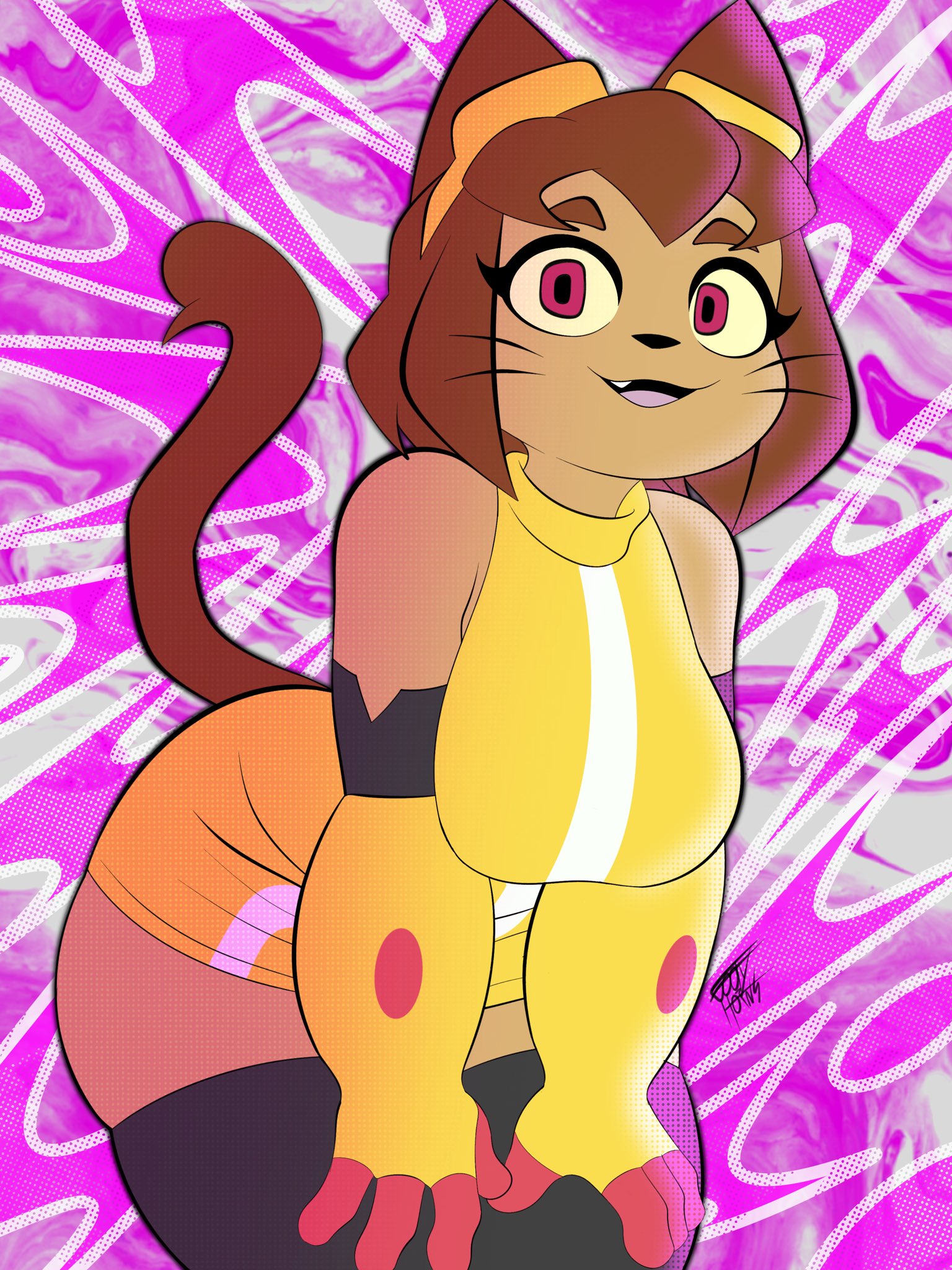 anthro, big ass, big breasts, big thighs, brown fur, cat ears, cat tail, catgirl, gameoverse, goofy horns, kit (gameoverse), solo, thigh squish, thighhighs, thighs