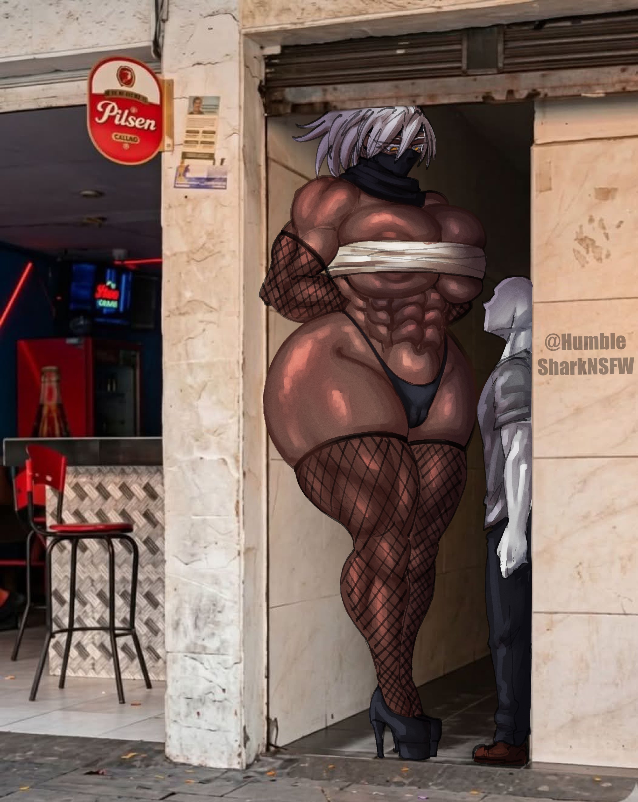 1boy, 1girls, abs, alleyway milf (meme), ass, bandaged chest, big ass, big breasts, breasts, colombia, dark skin, dark-skinned female, fat ass, female, fishnet, fishnet stockings, fishnets, fuku (humble shark), height difference, high heels, high quality, humble shark, kunoichi, looking down at another, male, mask, masked, masked female, ninja, thick thighs, voluptuous, voluptuous female, white hair