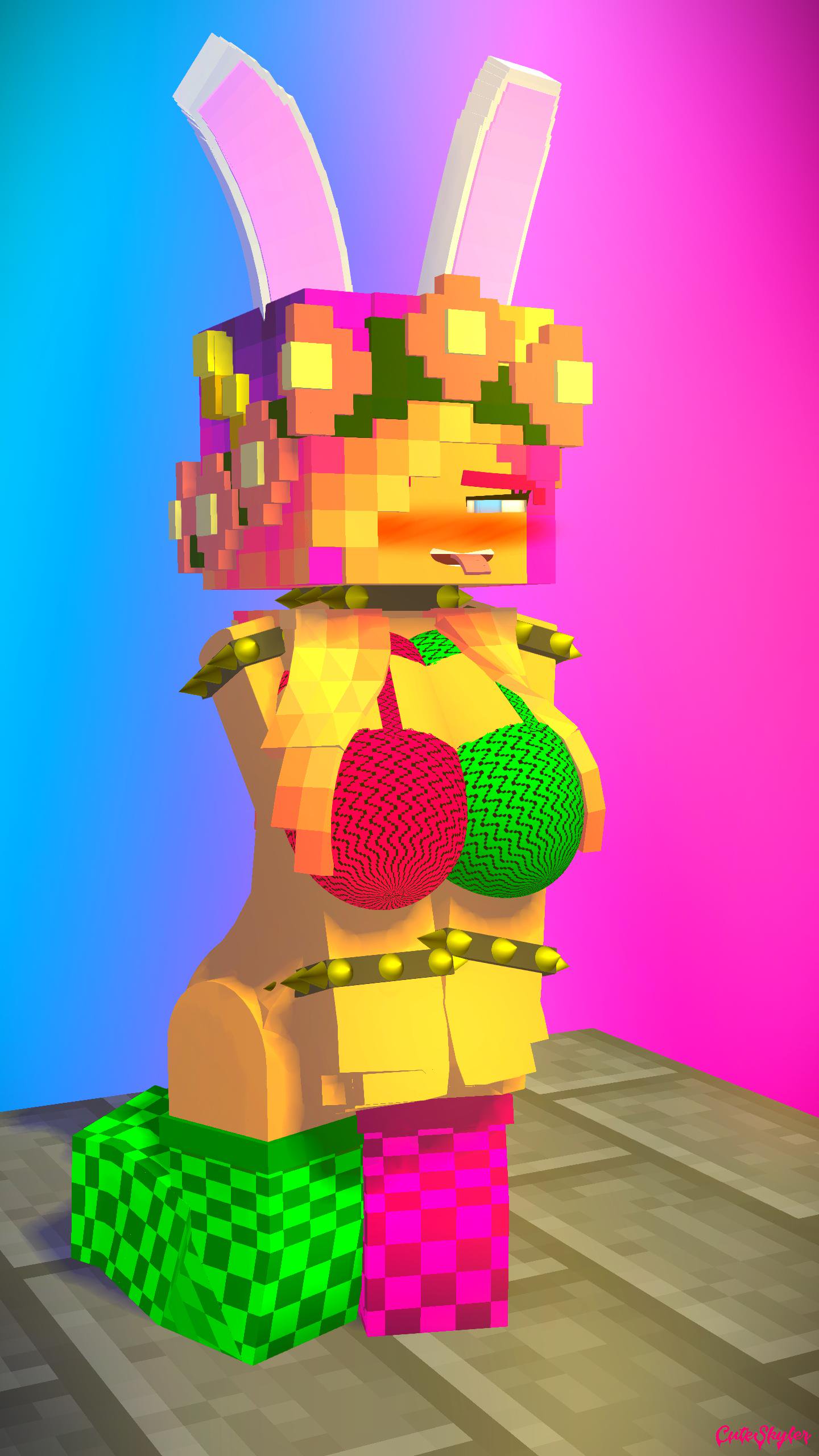 3d big_breasts blue_eyes cuteskyler easter easter_bunny female half-dressed minecraft nude pink_hair rabbit_girl skyler_quinn tagme