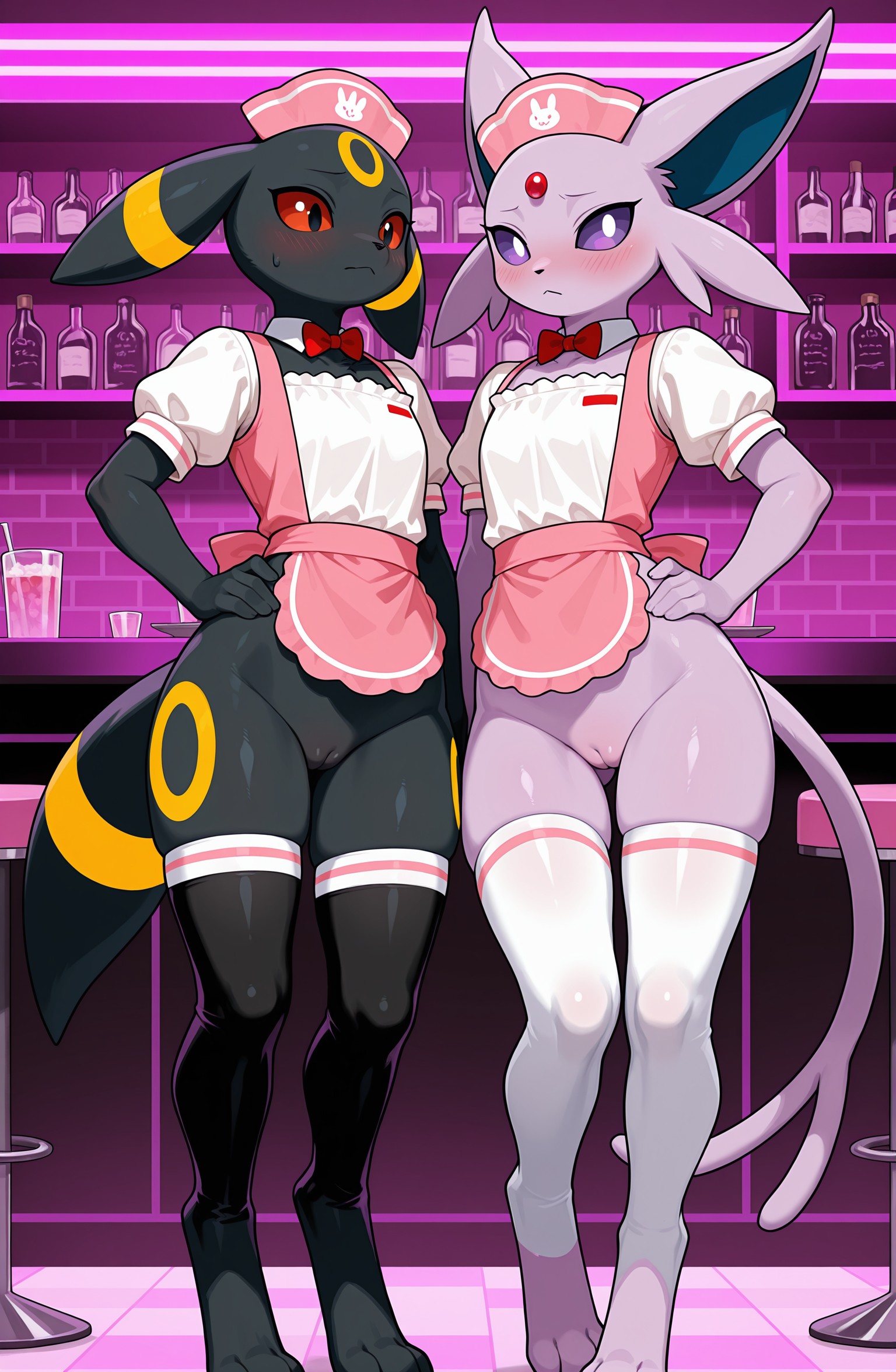 2026, 2girls, ai generated, anthro, apron, bar (place), black fur, blushing, bottomless, bottomless female, bow ribbon, curvy female, curvy figure, digitigrade, duo, ears down, eeveelution, espeon, female, female only, flat chest, generation 2 pokemon, hand on hip, hi res, indoors, innie pussy, nervous, nintendo, pokemon, pokemon (species), pose, posing, purple eyes, pussy, red eyes, shy, siblings, sisters, sweatdrop, thighhighs, umbreon, waitress, waitress uniform, yellow markings, zonoya (artist)