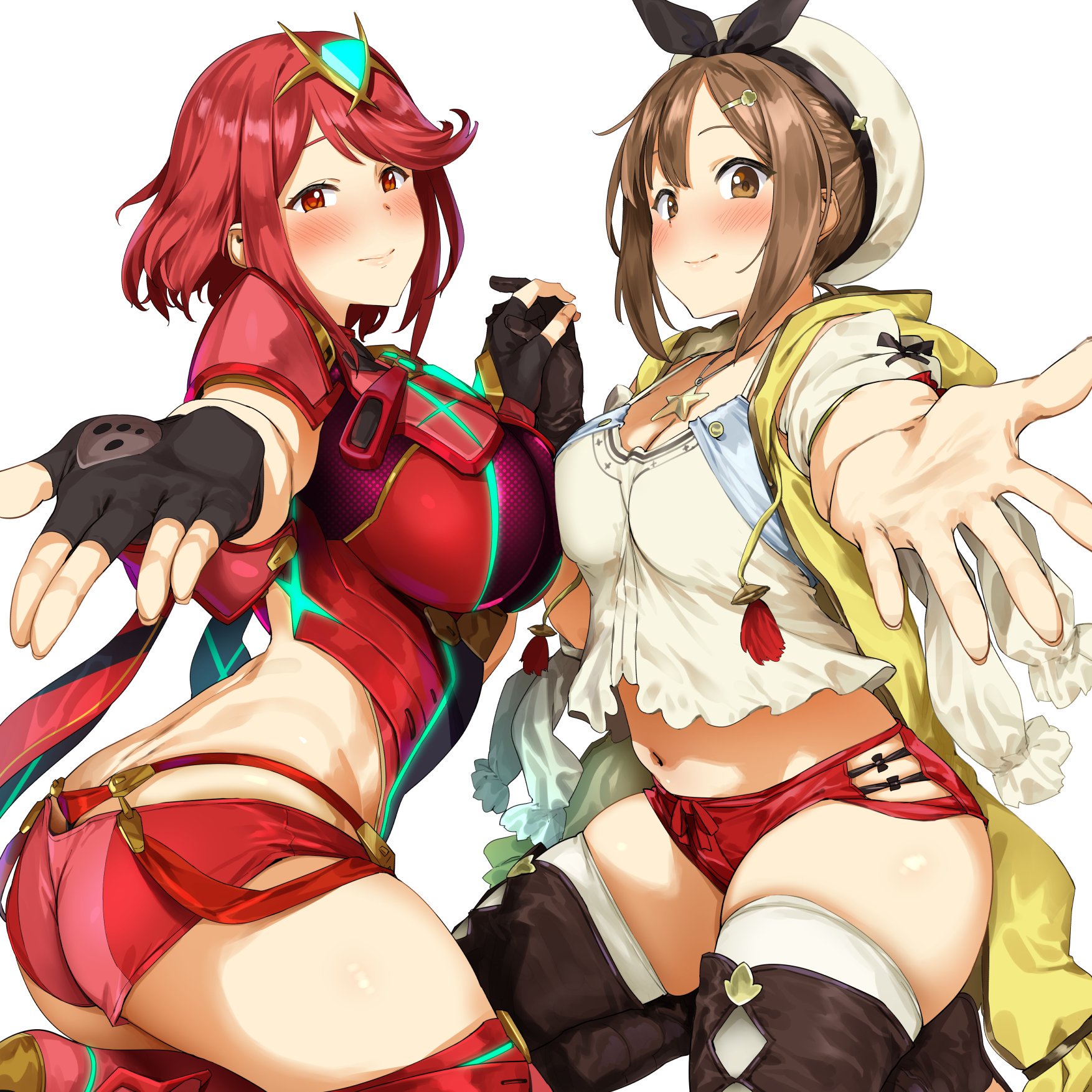 2girls, ass, atelier (series), atelier ryza, breasts, crossover, earrings, female, fingerless gloves, gloves, hair ornament, jewelry, large breasts, multiple females, multiple girls, necklace, nintendo, pija (pianiishimo), pyra, red eyes, red hair, reisalin stout, short hair, shoulder armor, single glove, star, swept bangs, thighs, tiara, xenoblade (series), xenoblade chronicles 2