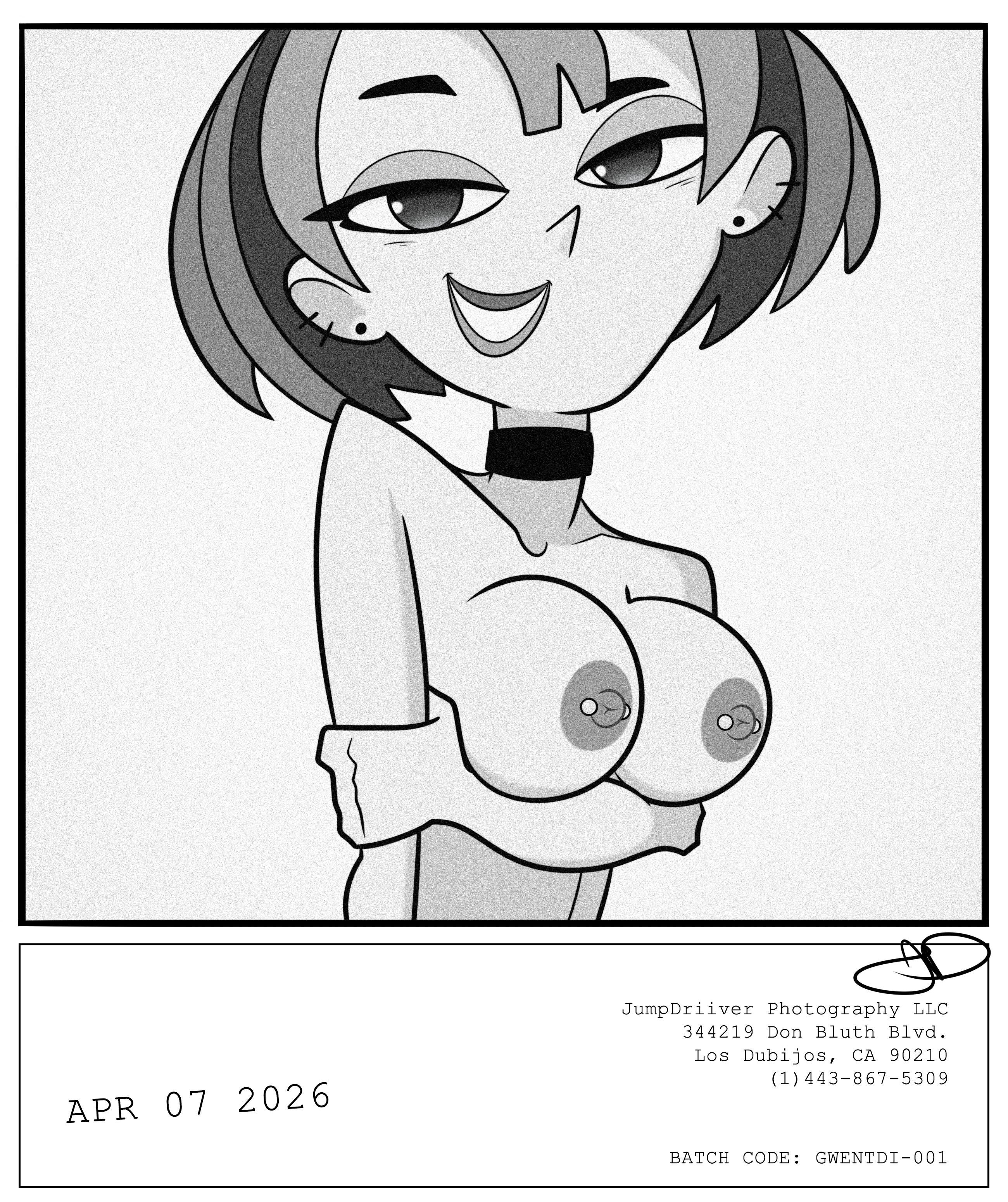 2026, 2d, areolae, big breasts, breasts, busty, cartoon network, choker, ear piercing, earrings, erect nipples, female, female focus, female only, gwen (tdi), jumpdriiver, light skin, light-skinned female, nipple piercing, nipples, nude, nude female, nudity, piercing, polaroid, short hair, tagme, teletoon, total drama (series), total drama island, two-tone hair