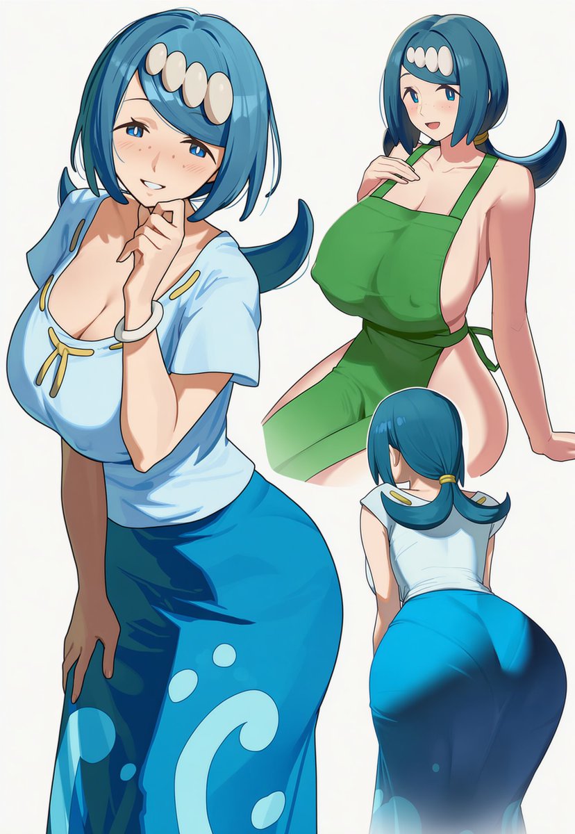 1girls, ai generated, big ass, big breasts, blue hair, circle ueponzu, cleavage, huge ass, huge breasts, lana's mother (pokemon), pokemon